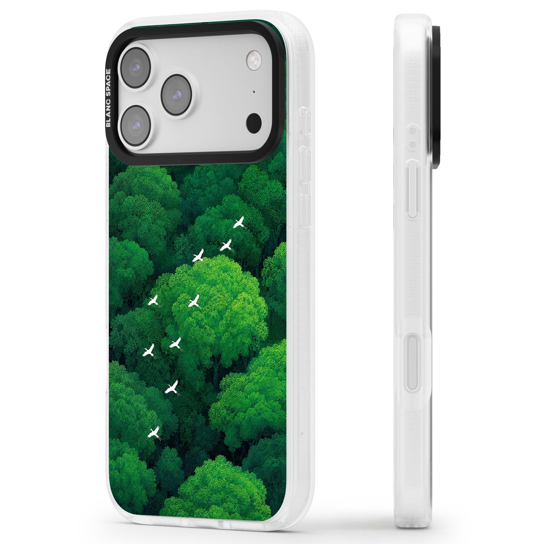 Grove Migration forest iPhone case featuring white cranes flying over lush green treetop canopy | Clear Case Impact Air case for iPhone 17 Pro, iPhone 17 Pro Max