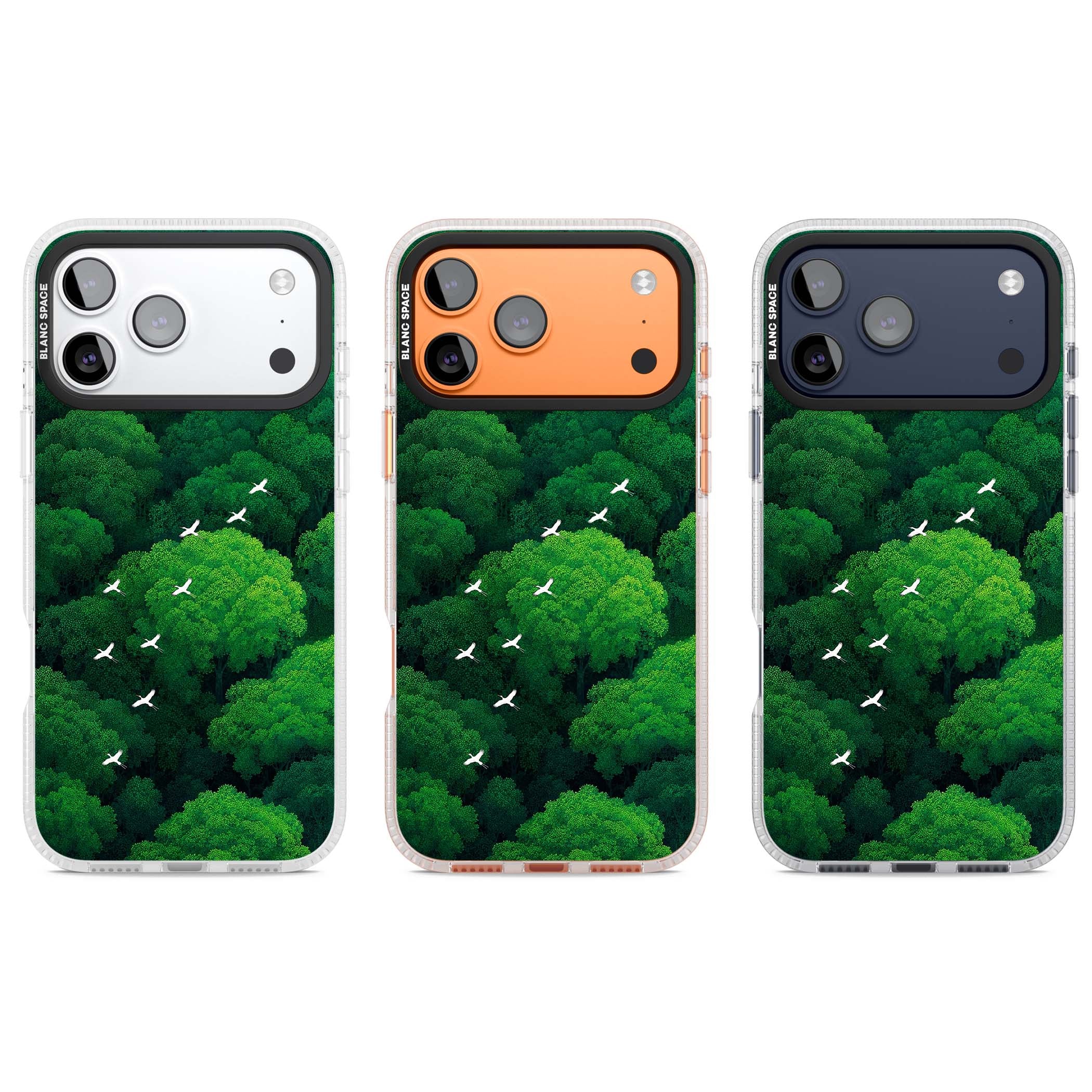 Grove Migration forest iPhone case featuring white cranes flying over lush green treetop canopy | Clear Case Impact Air case for iPhone 17 Pro, iPhone 17 Pro Max