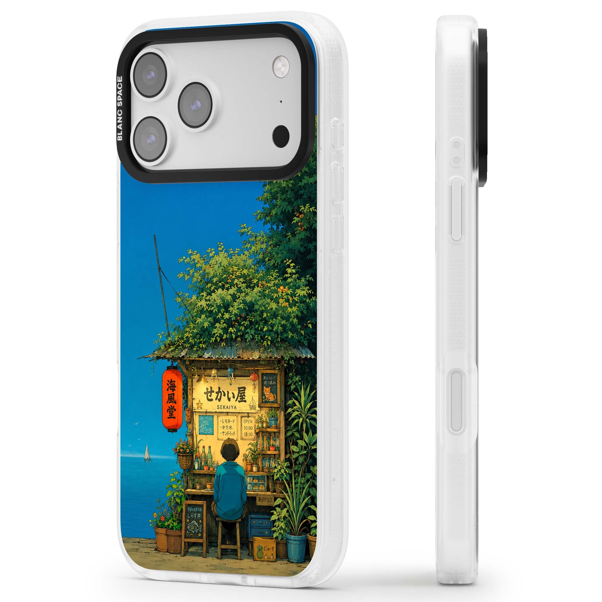 The Shirahama Kiosk anime iPhone case featuring a Japanese seaside shop, red paper lantern and ocean view | Clear Case Impact Air case for iPhone 17 Pro, iPhone 17 Pro Max