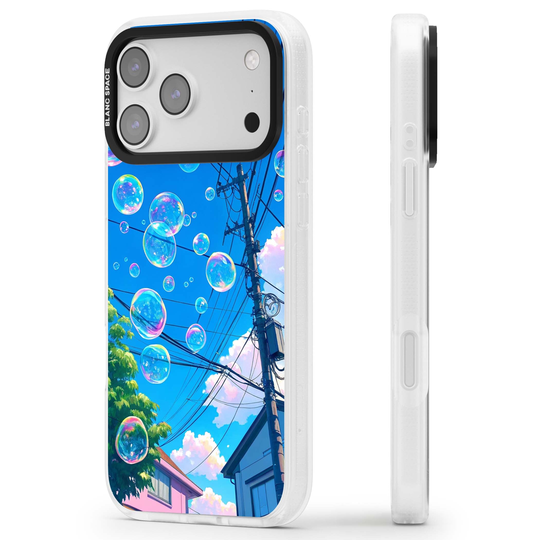 Suburban Bubbles anime iPhone case featuring iridescent soap bubbles, blue sky and Japanese telephone wires | Clear Case Impact Air case for iPhone 17 Pro, iPhone 17 Pro Max