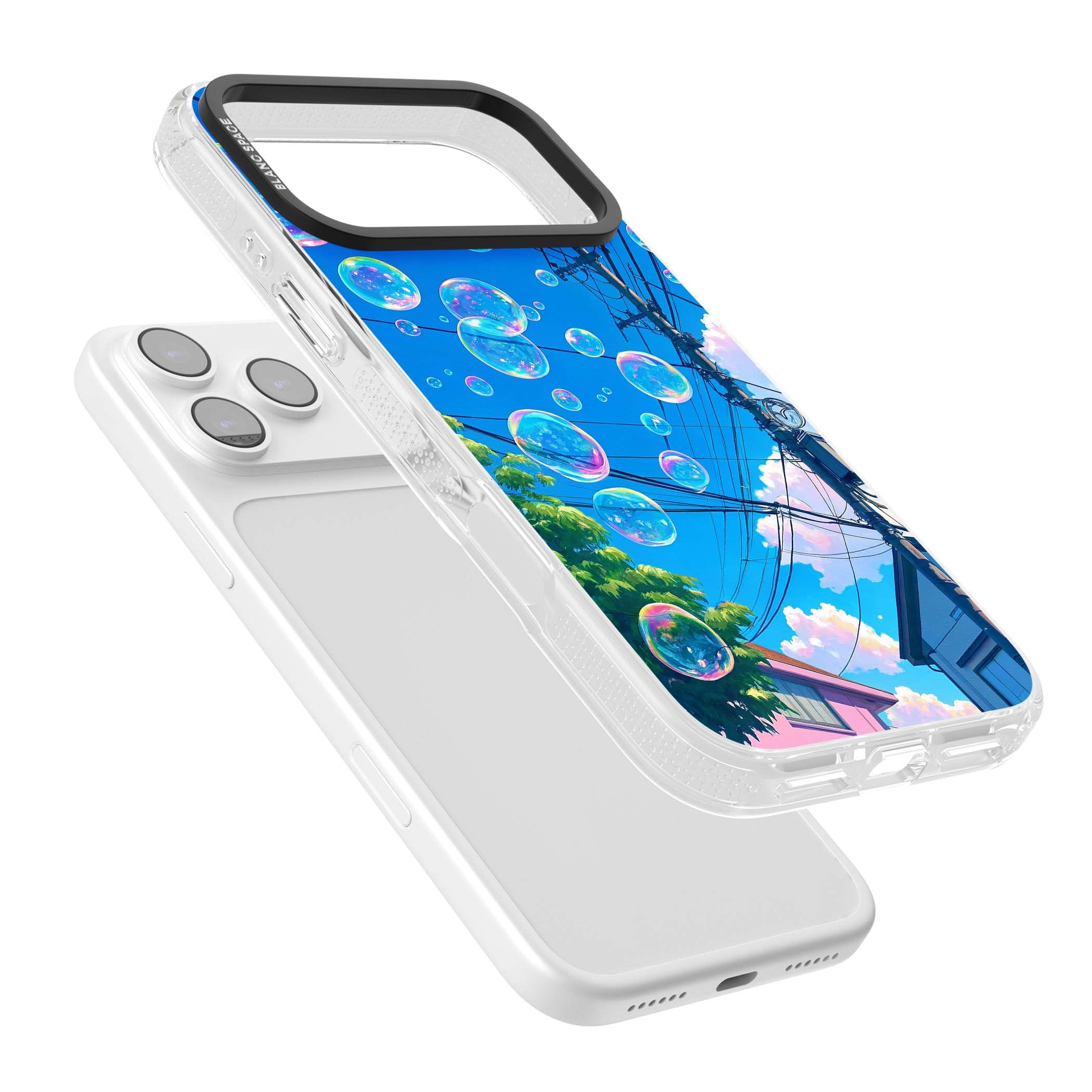 Suburban Bubbles anime iPhone case featuring iridescent soap bubbles, blue sky and Japanese telephone wires | Clear Case Impact Air case for iPhone 17 Pro, iPhone 17 Pro Max