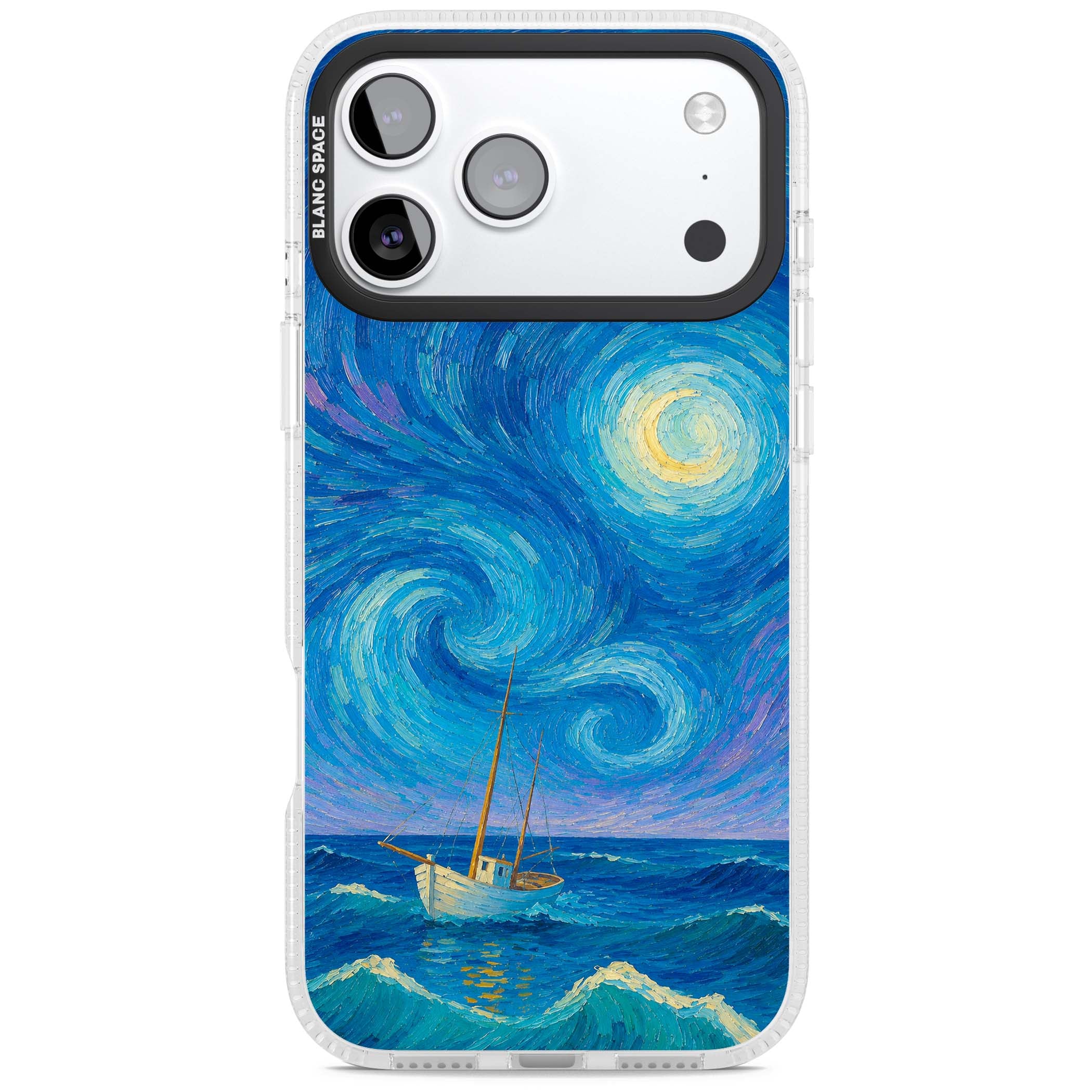 Moonlit Tide Van Gogh art iPhone case featuring swirling starry night sky, glowing moon and lone sailing boat at sea | Clear Case Impact Air case for iPhone 17 Pro, iPhone 17 Pro Max