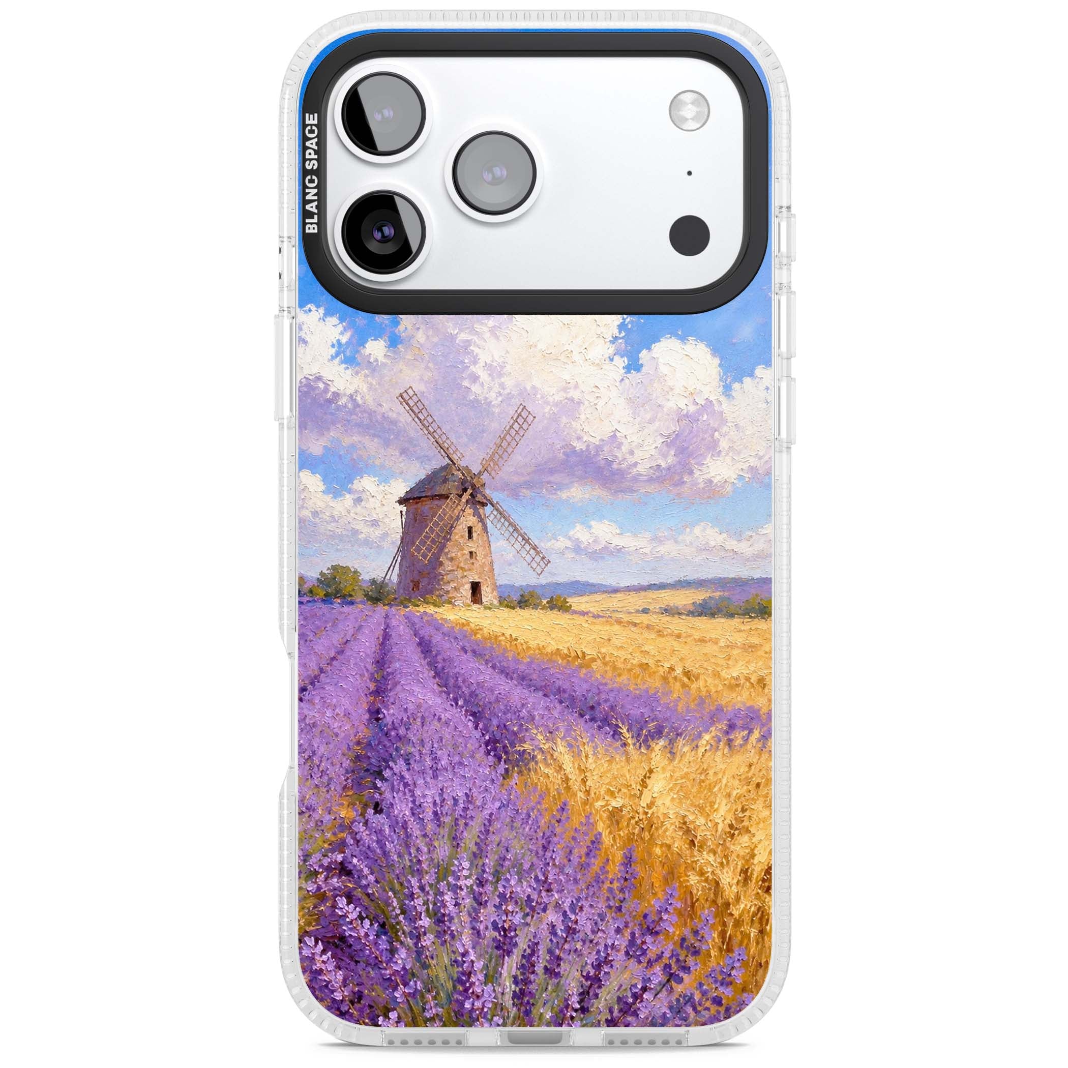 Lavender Mill cottagecore iPhone case featuring a French windmill, lavender field and golden wheat oil painting | Clear Case Impact Air case for iPhone 17 Pro, iPhone 17 Pro Max