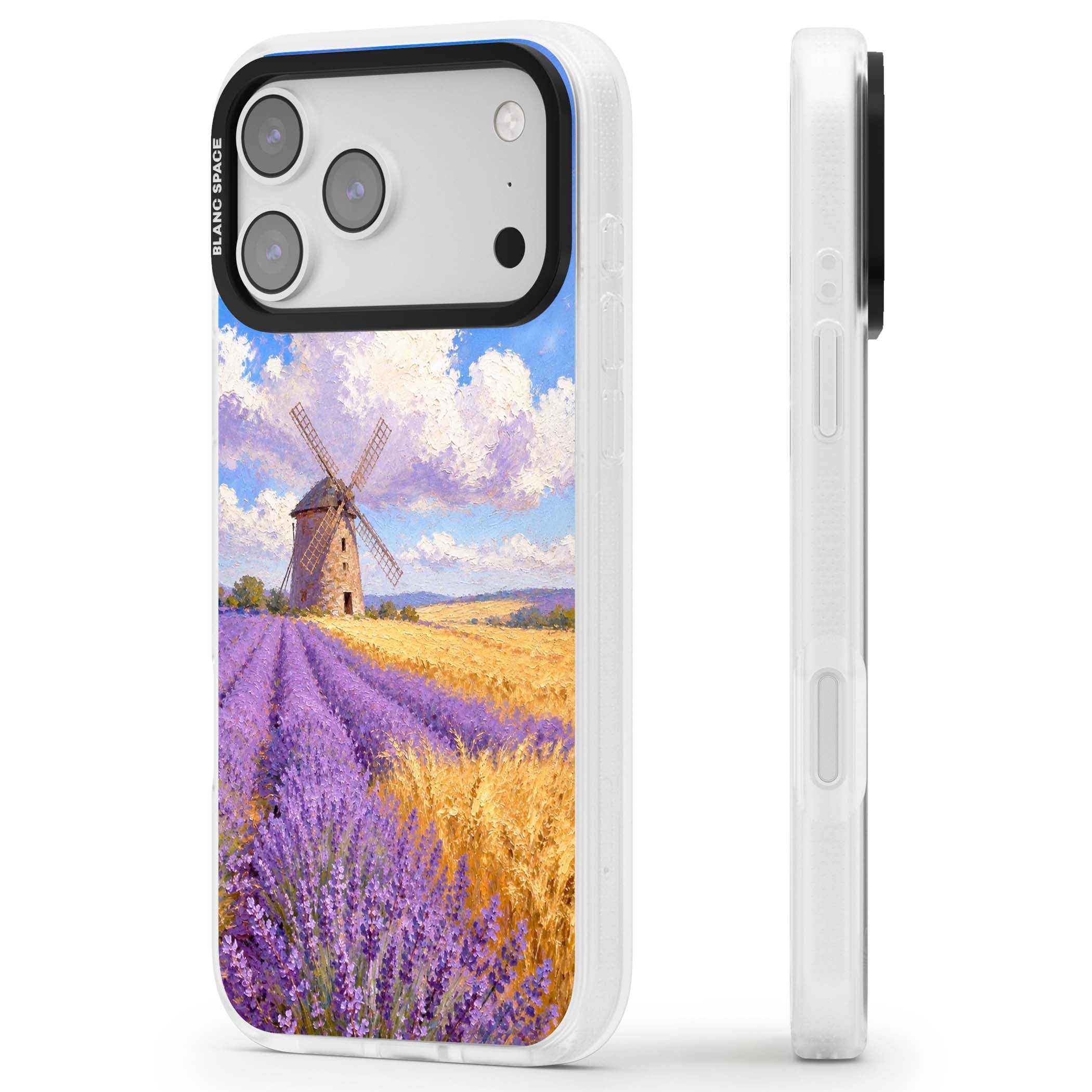 Lavender Mill cottagecore iPhone case featuring a French windmill, lavender field and golden wheat oil painting | Clear Case Impact Air case for iPhone 17 Pro, iPhone 17 Pro Max