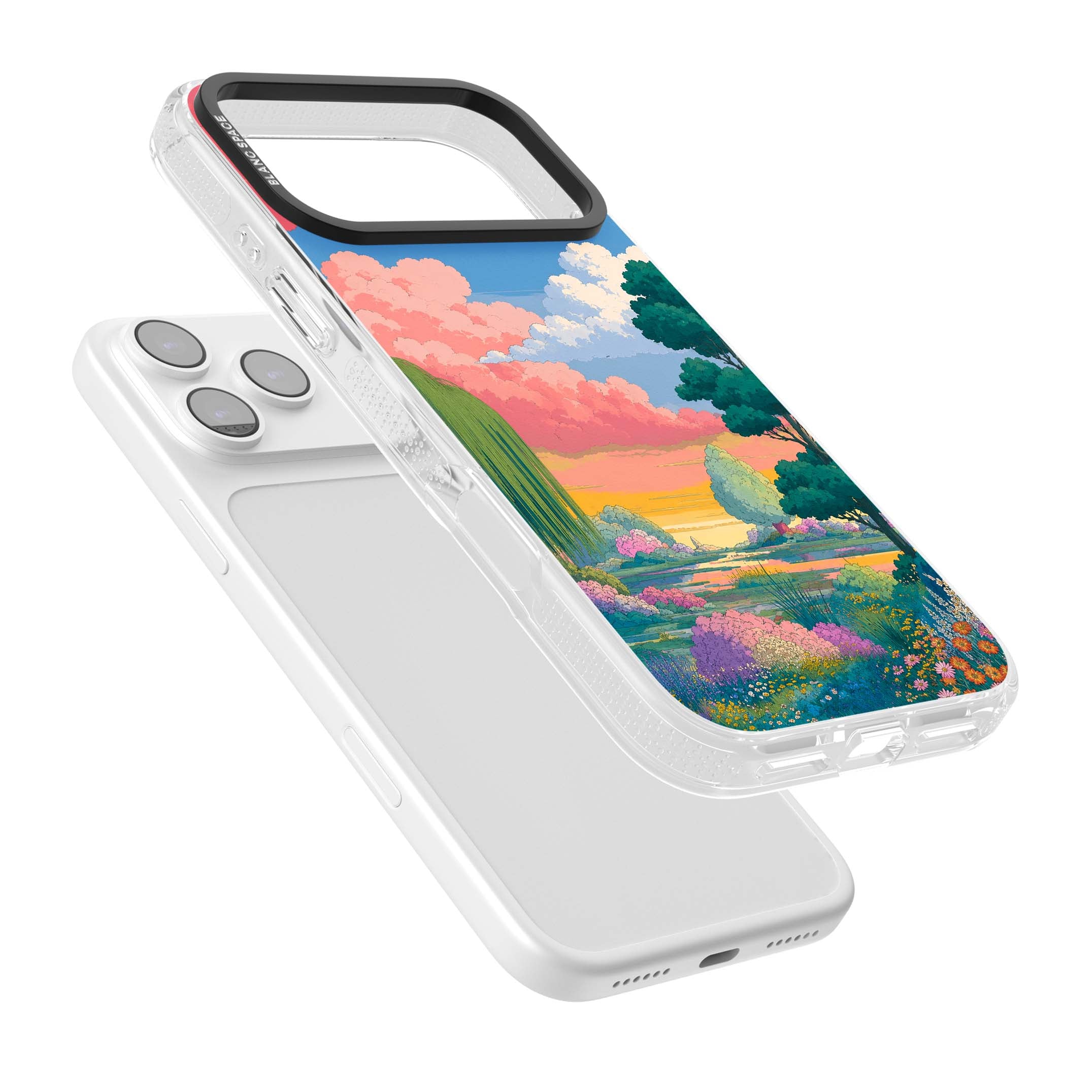 Dream Valley anime landscape iPhone case featuring pink sunset clouds, willow trees and wildflowers | Clear Case Impact Air case for iPhone 17 Pro, iPhone 17 Pro Max