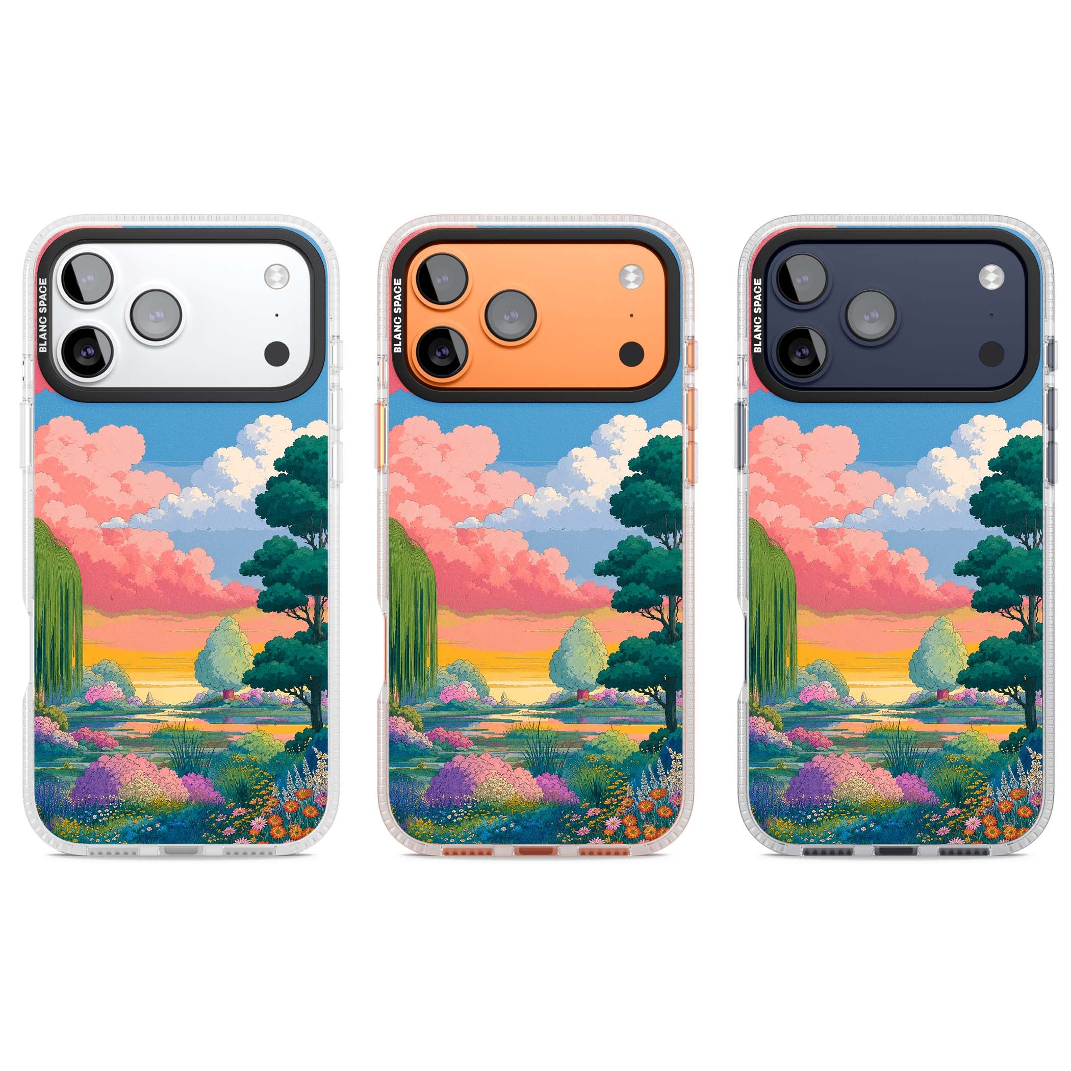Dream Valley anime landscape iPhone case featuring pink sunset clouds, willow trees and wildflowers | Clear Case Impact Air case for iPhone 17 Pro, iPhone 17 Pro Max