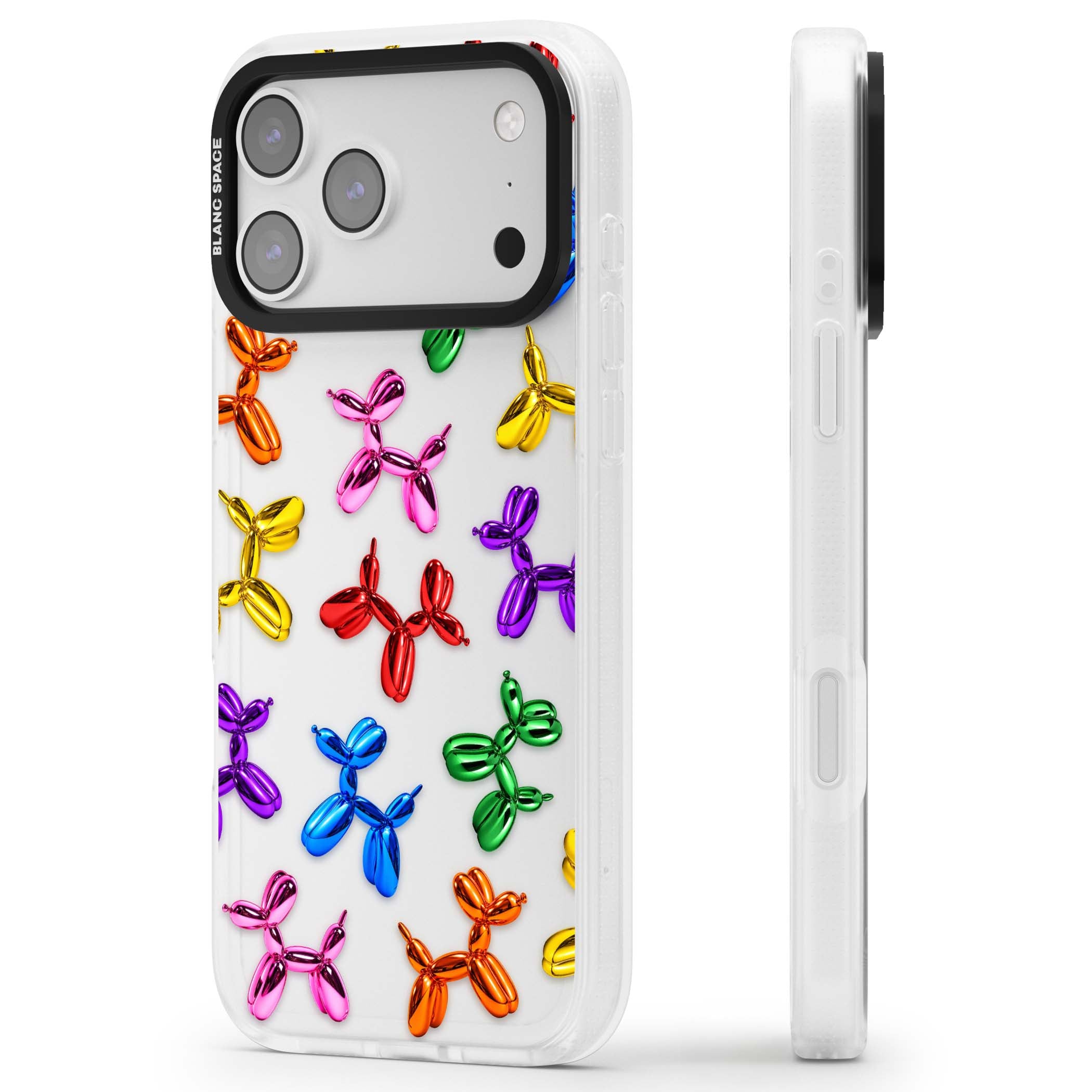Balloon Dogs pop art iPhone case featuring rainbow chrome balloon dogs in Jeff Koons style | Clear Case Impact Air case for iPhone 17 Pro, iPhone 17 Pro Max
