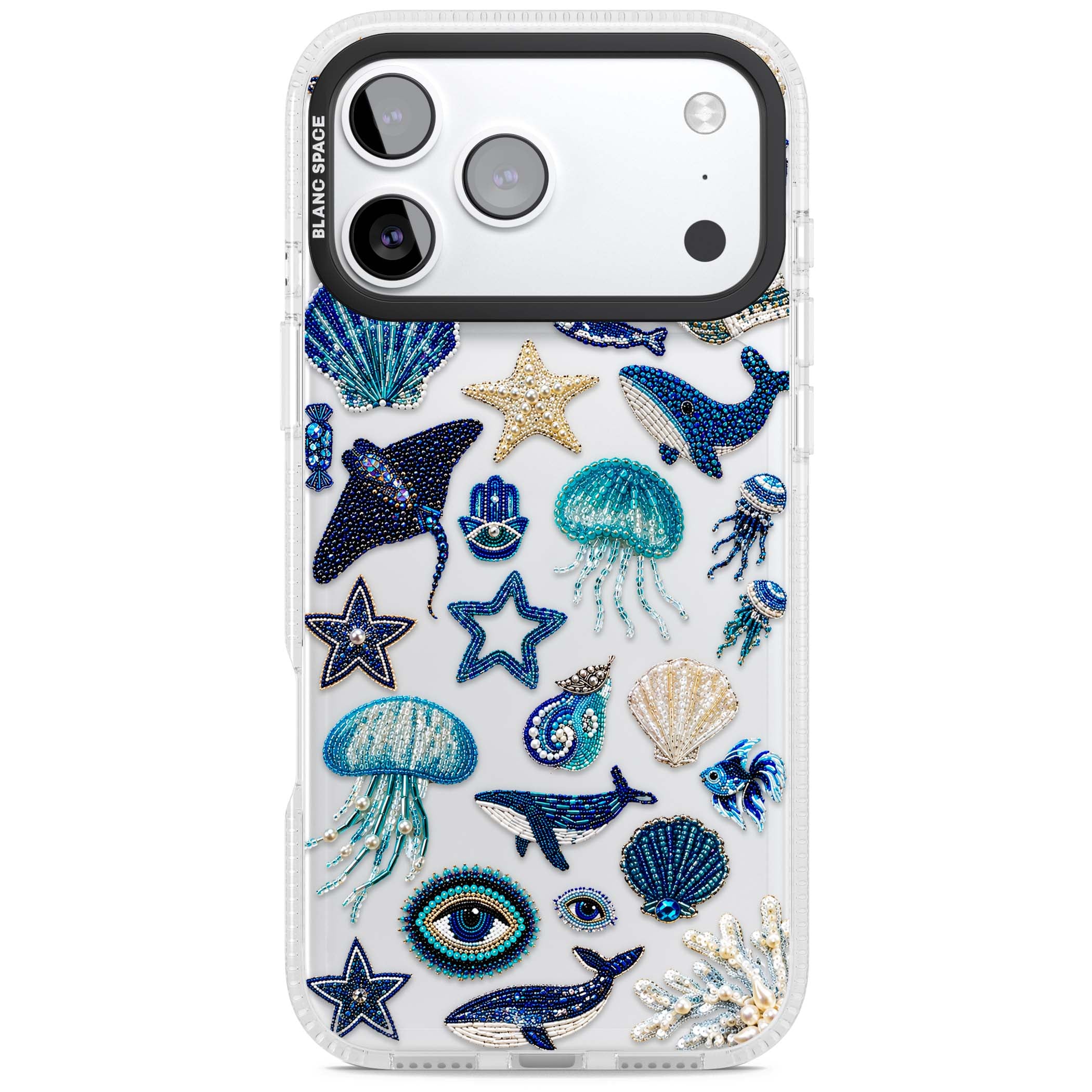 Beaded Coastal coastal iPhone case featuring embroidered seashells, jellyfish and a blue whale on clear | Clear Case Impact Air case for iPhone 17 Pro, iPhone 17 Pro Max