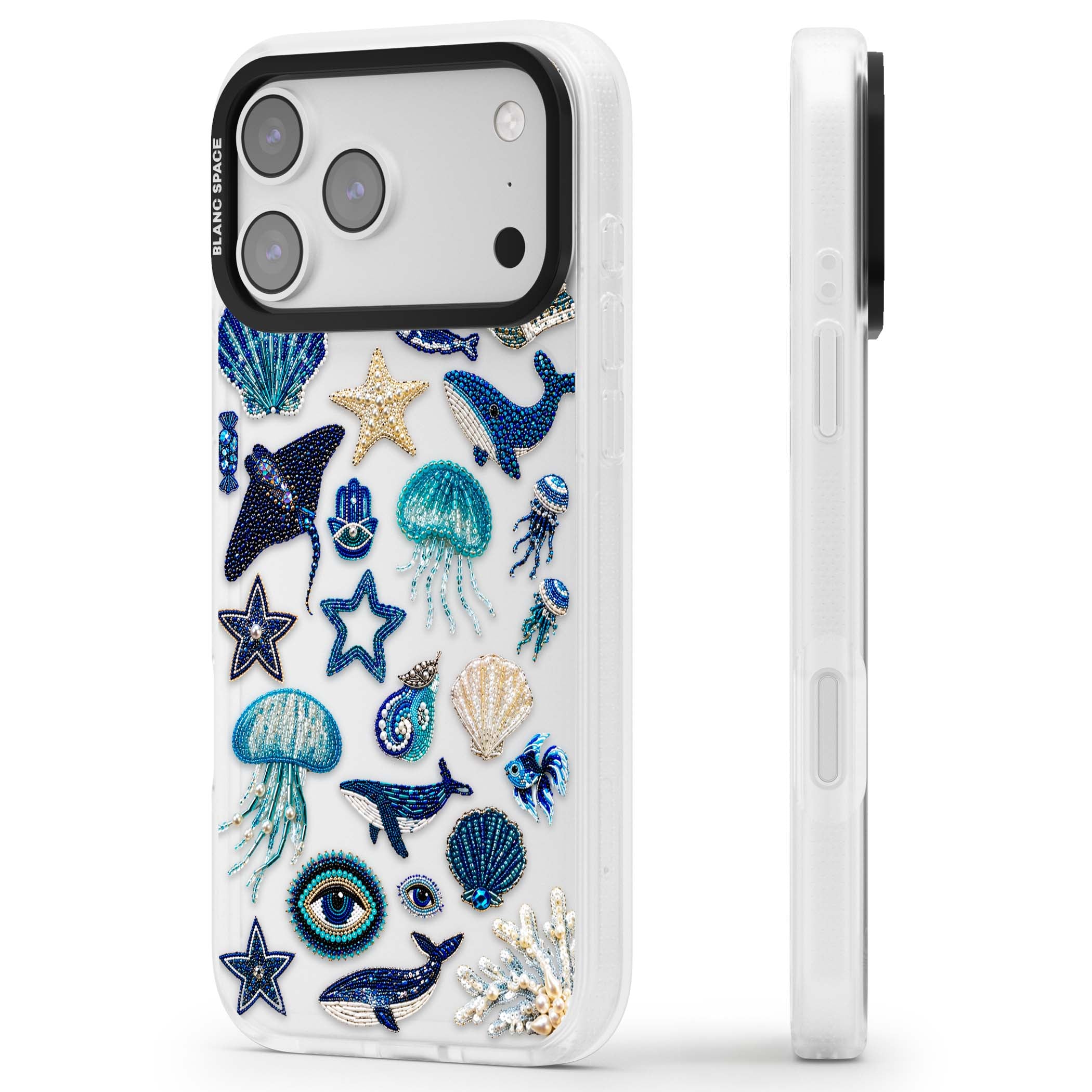 Beaded Coastal coastal iPhone case featuring embroidered seashells, jellyfish and a blue whale on clear | Clear Case Impact Air case for iPhone 17 Pro, iPhone 17 Pro Max