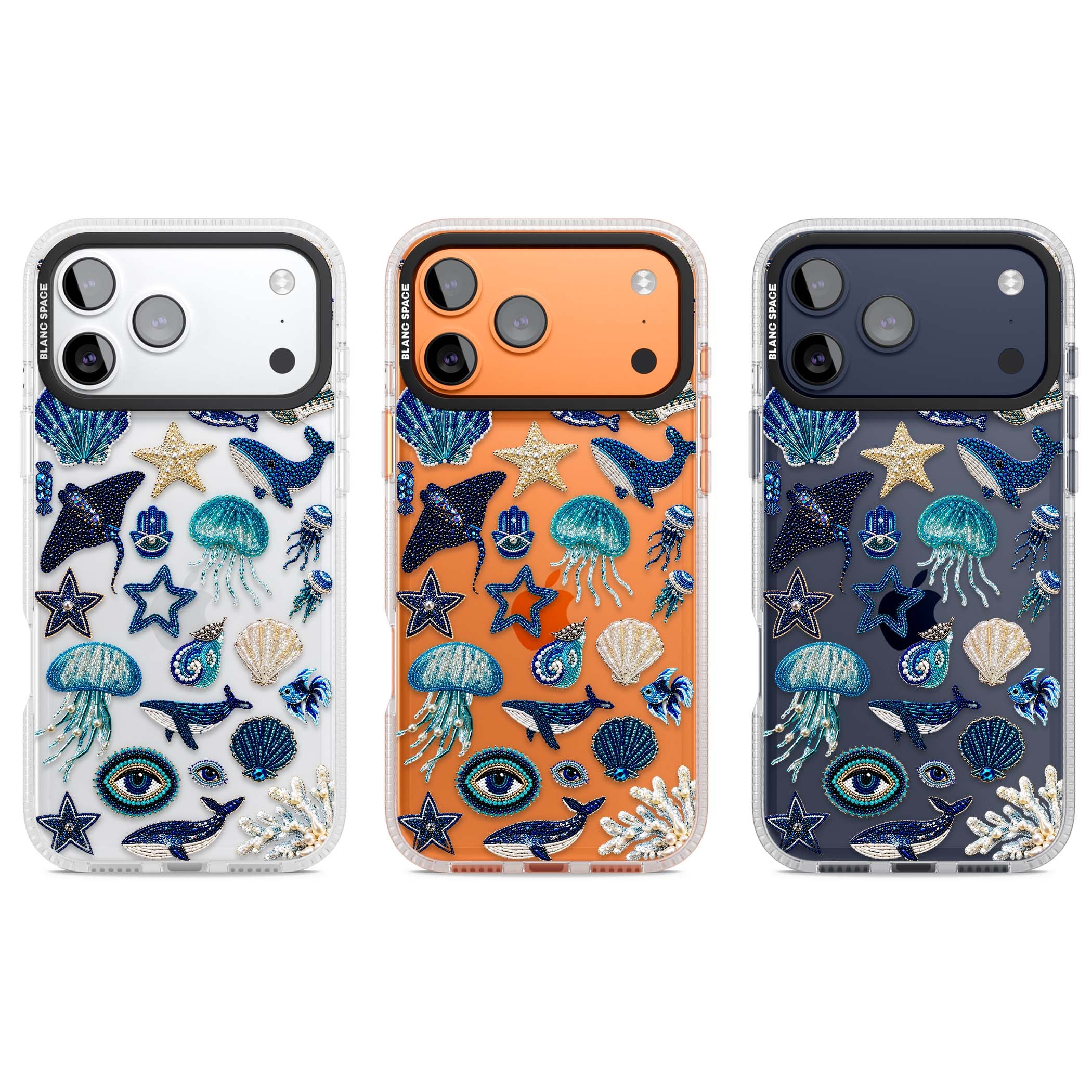 Beaded Coastal coastal iPhone case featuring embroidered seashells, jellyfish and a blue whale on clear | Clear Case Impact Air case for iPhone 17 Pro, iPhone 17 Pro Max