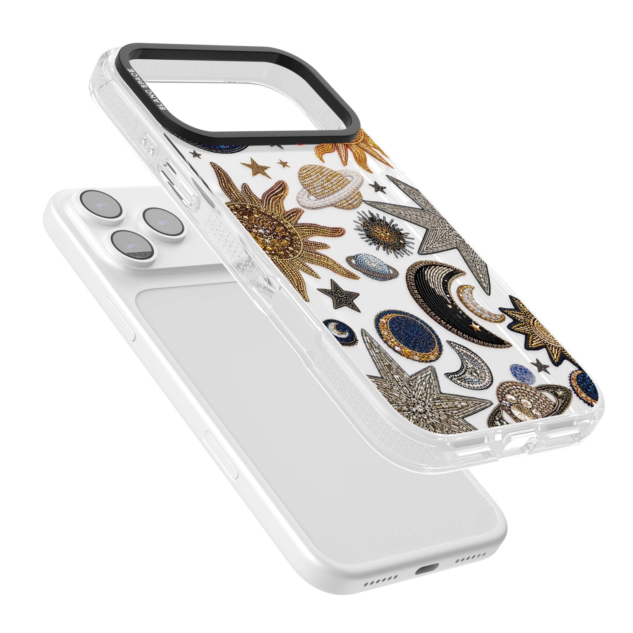 Beaded Cosmos celestial iPhone case featuring embroidered golden suns, beaded planets and silver shooting stars | Clear Case Impact Air case for iPhone 17 Pro, iPhone 17 Pro Max