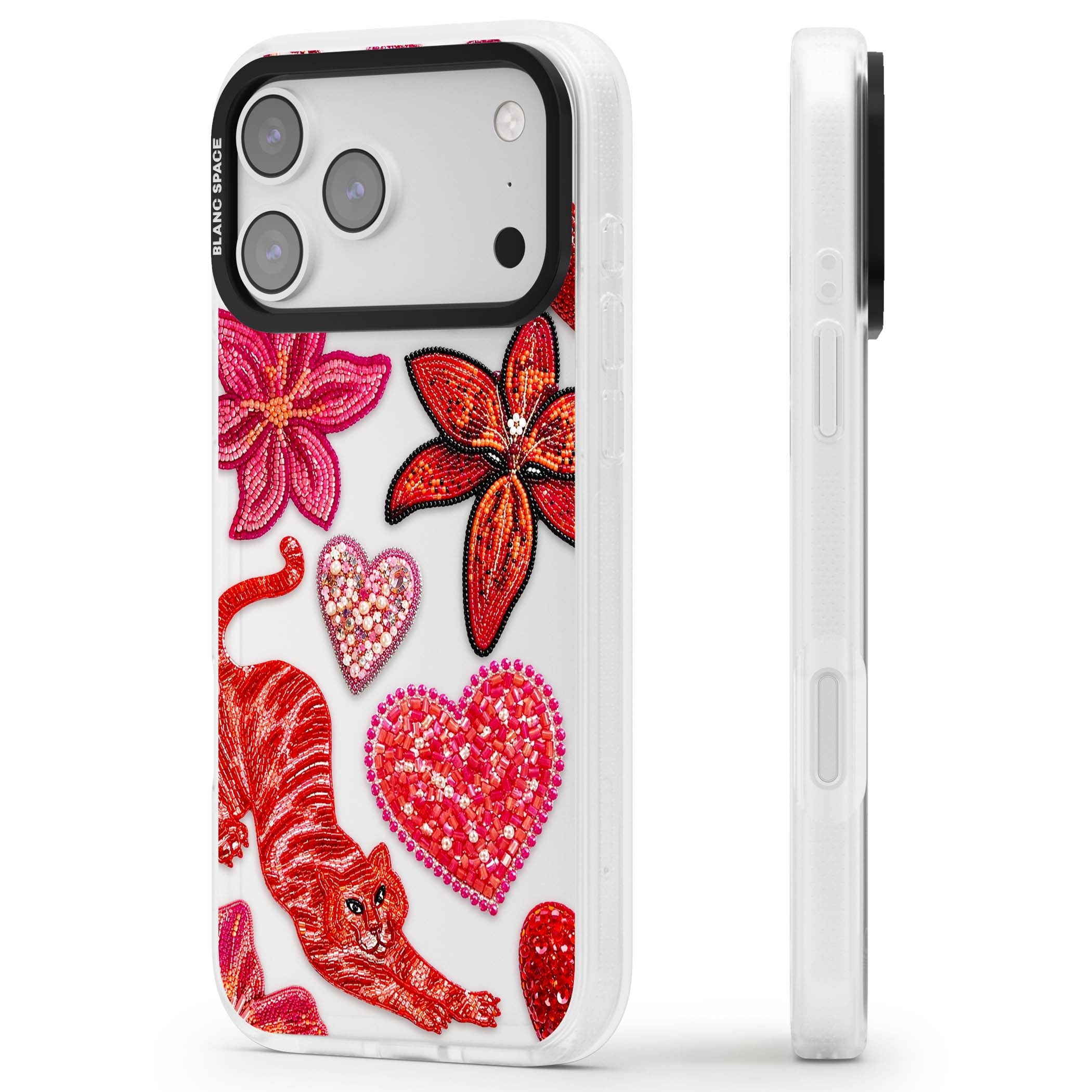 Beaded Boho floral iPhone case featuring beaded red lilies, a stitched tiger, and pearl-encrusted hearts on clear | Clear Case Impact Air case for iPhone 17 Pro, iPhone 17 Pro Max