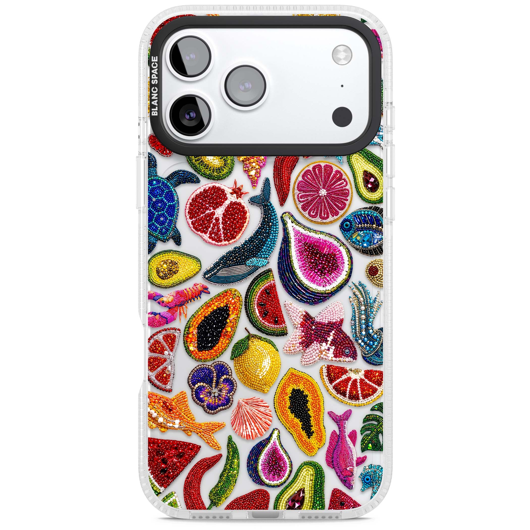 Beaded Tropic tropical iPhone case featuring beaded fruit, fish, crabs and seashells in vibrant colour | Clear Case Impact Air case for iPhone 17 Pro, iPhone 17 Pro Max