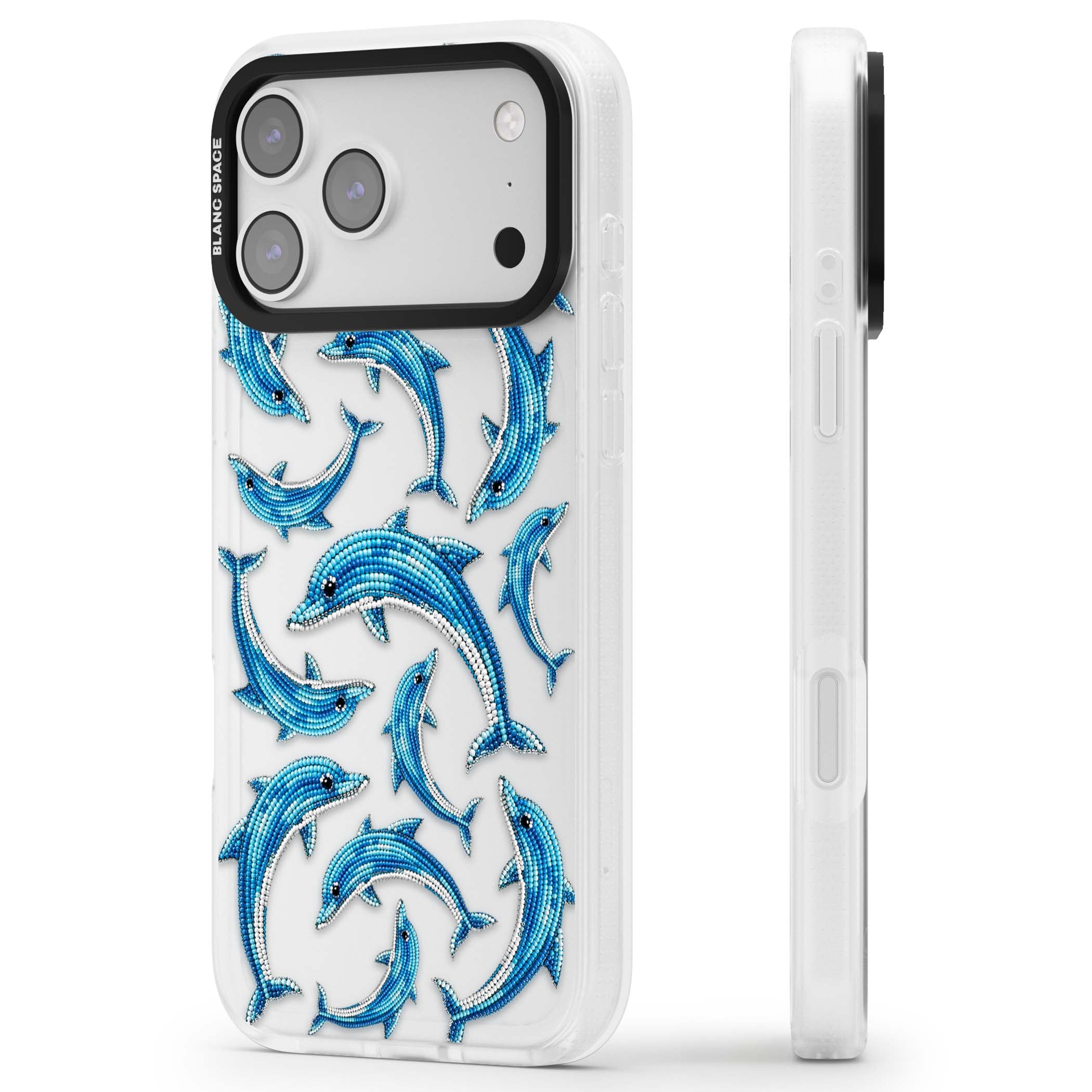 Beaded Dolphins coastal iPhone case featuring beaded dolphins in blue and white swimming across a clear background | Clear Case Impact Air case for iPhone 17 Pro, iPhone 17 Pro Max