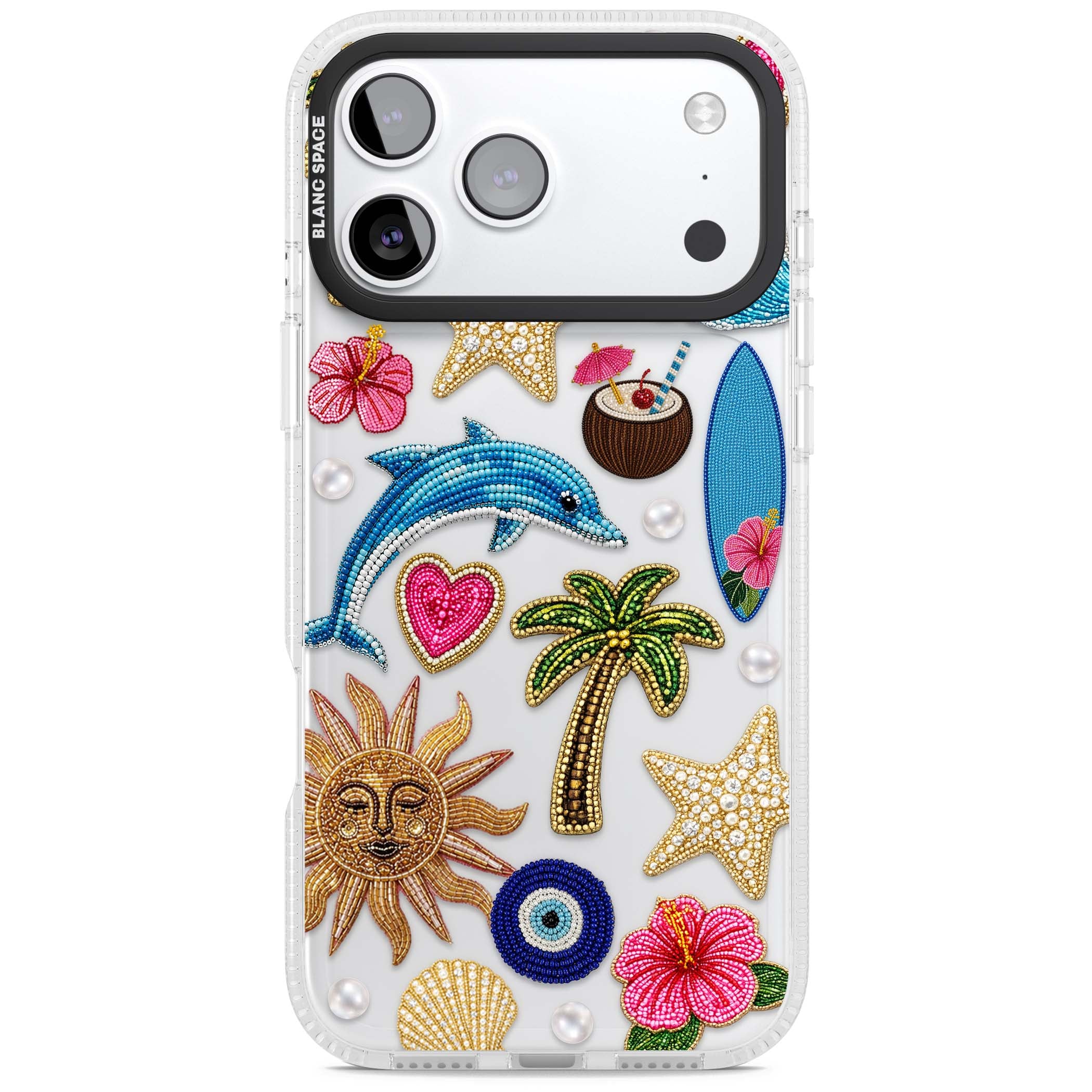 Beaded Beach coastal summer iPhone case featuring embroidered evil eye, hibiscus flowers, dolphin and palm tree patches | Clear Case Impact Air case for iPhone 17 Pro, iPhone 17 Pro Max
