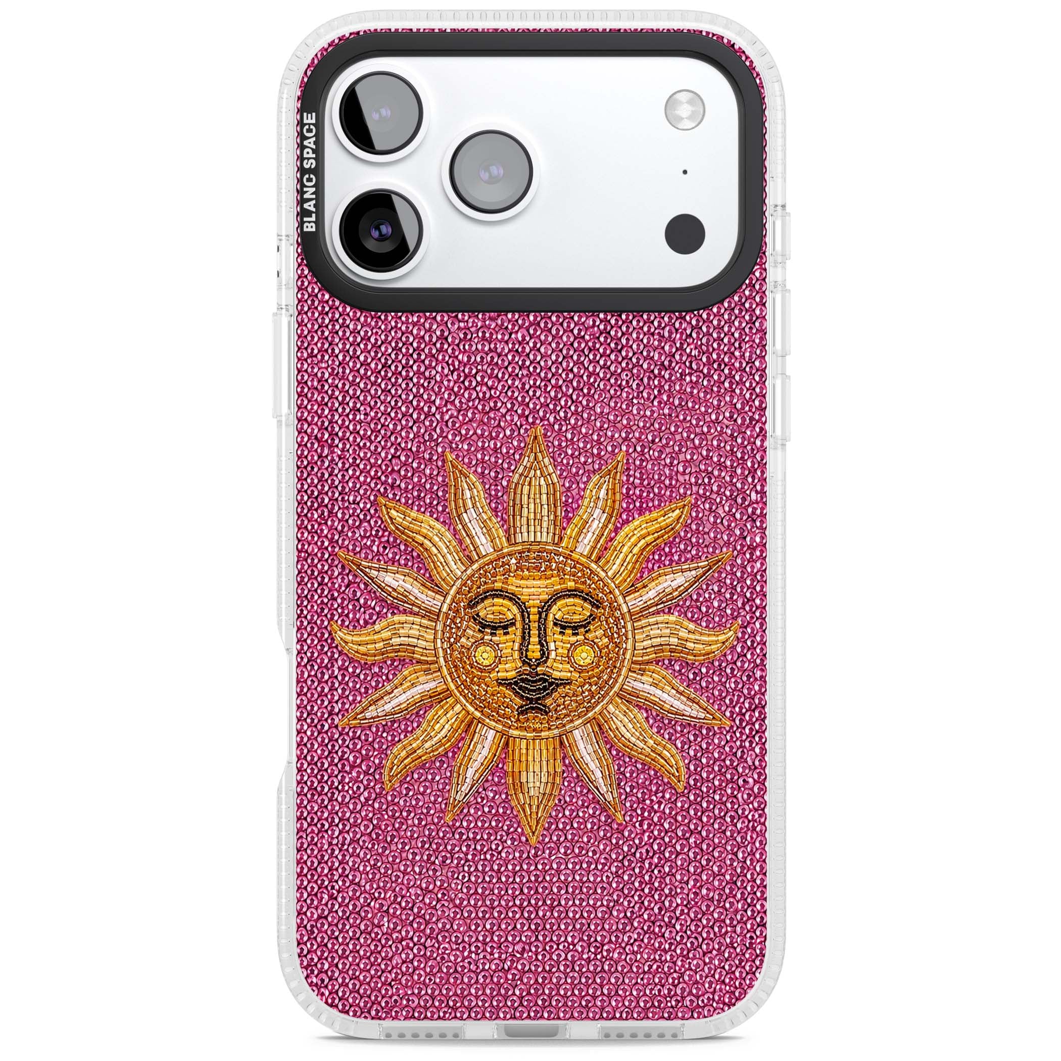 Beaded Sun celestial iPhone case featuring a golden beaded sun face with radiant rays on hot pink beaded background | Clear Case Impact Air case for iPhone 17 Pro, iPhone 17 Pro Max