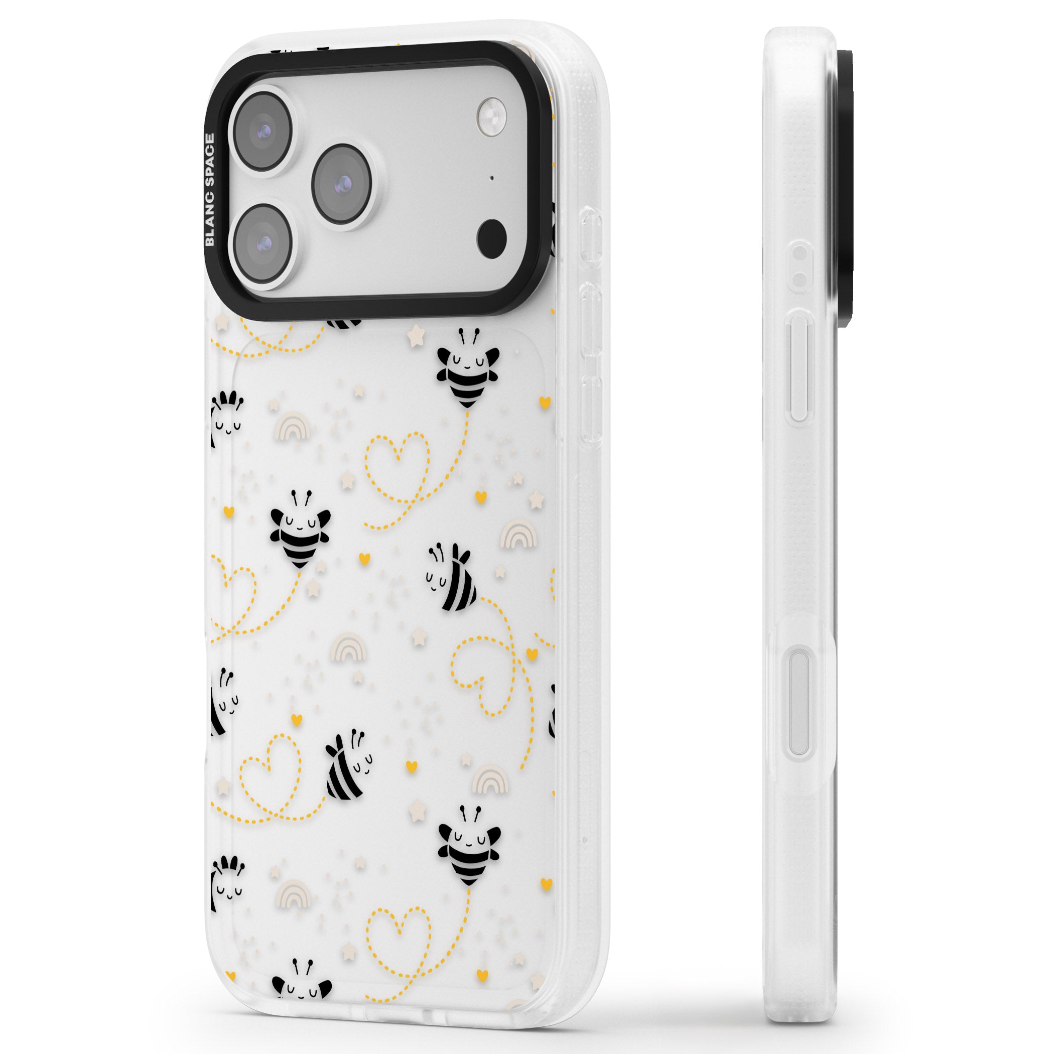Bee Hearts Pattern iPhone 17 Pro Impact Air Clear Phone Case Side Profile