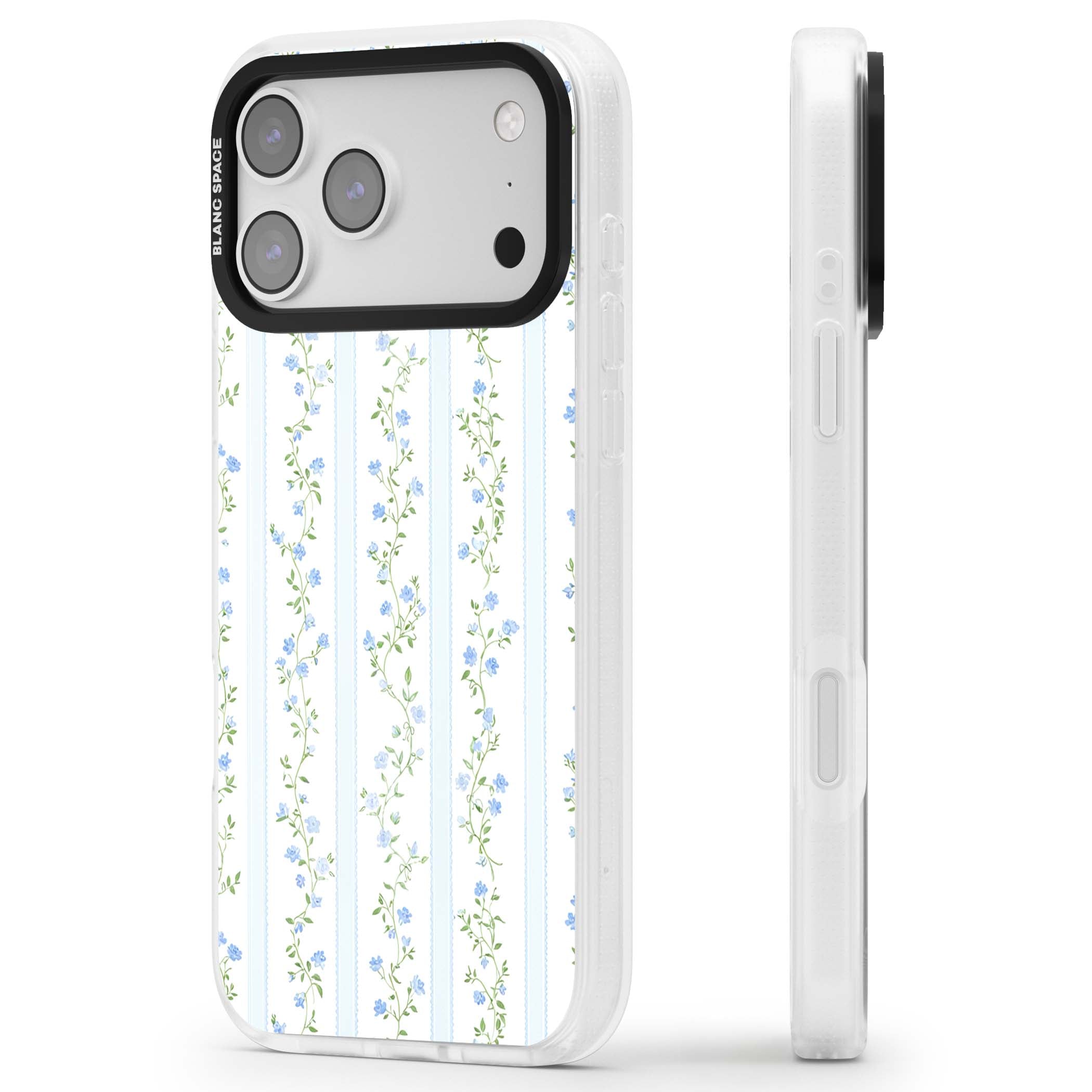 Bluebell Vine cottagecore iPhone case featuring climbing blue roses, trailing green vines, and pale ticking stripes | Clear Case Impact Air case for iPhone 17 Pro, iPhone 17 Pro Max