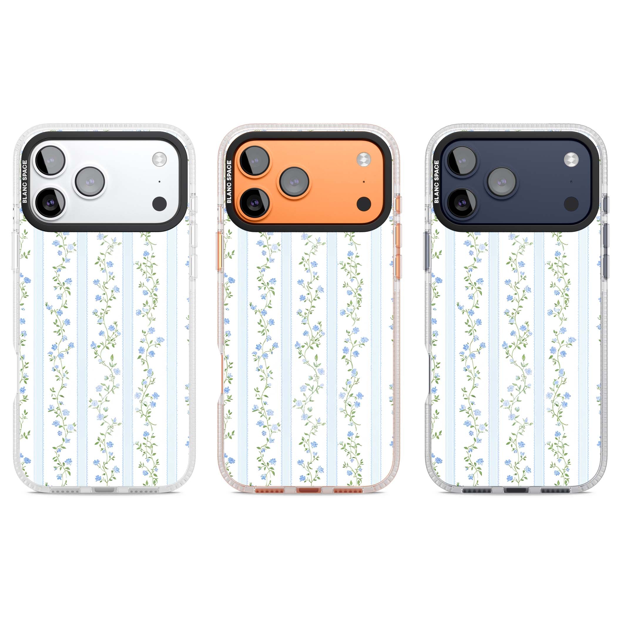Bluebell Vine cottagecore iPhone case featuring climbing blue roses, trailing green vines, and pale ticking stripes | Clear Case Impact Air case for iPhone 17 Pro, iPhone 17 Pro Max