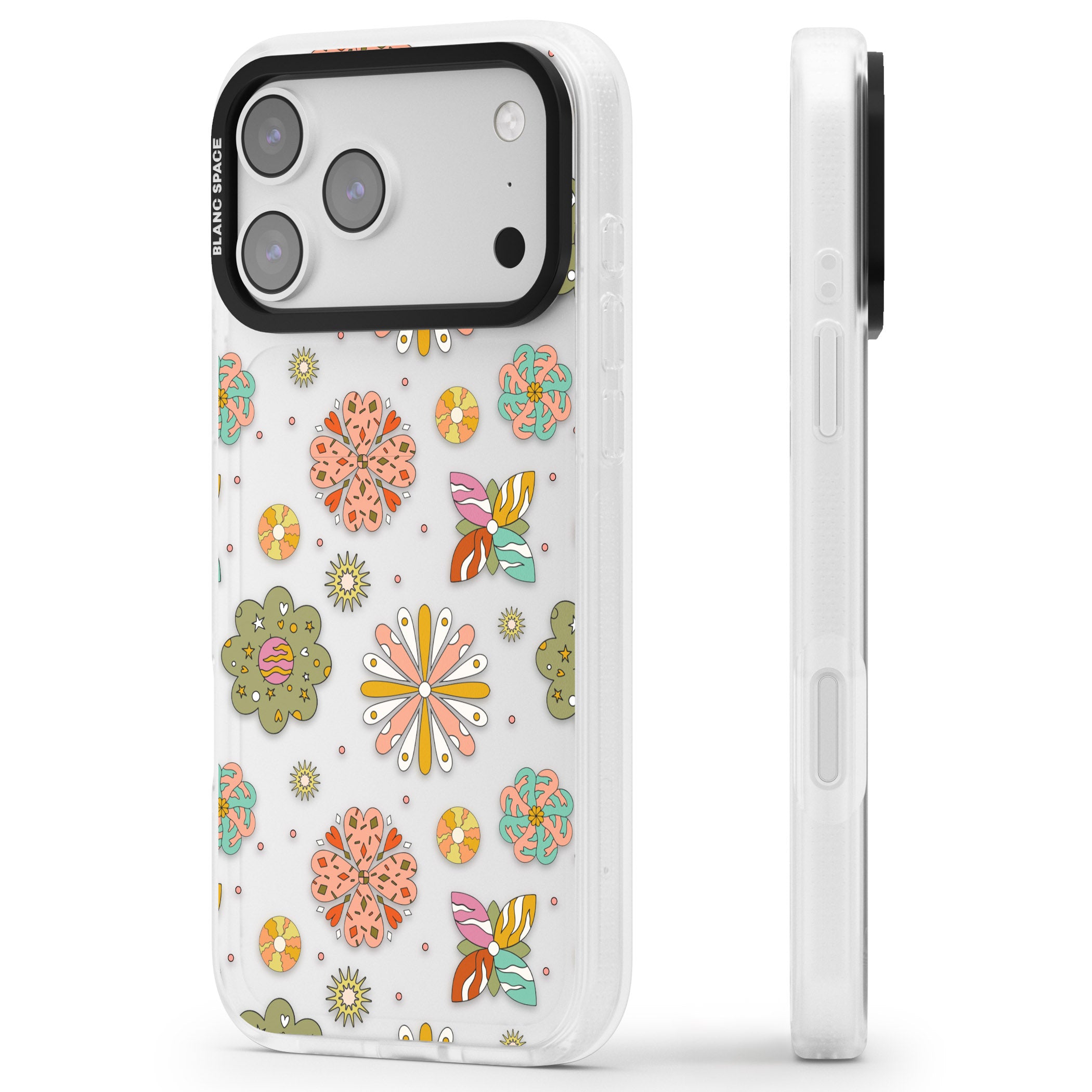 Boho Celestial Psychedelic Floral iPhone 17 Pro Max Impact Air Clear Phone Case Side Profile