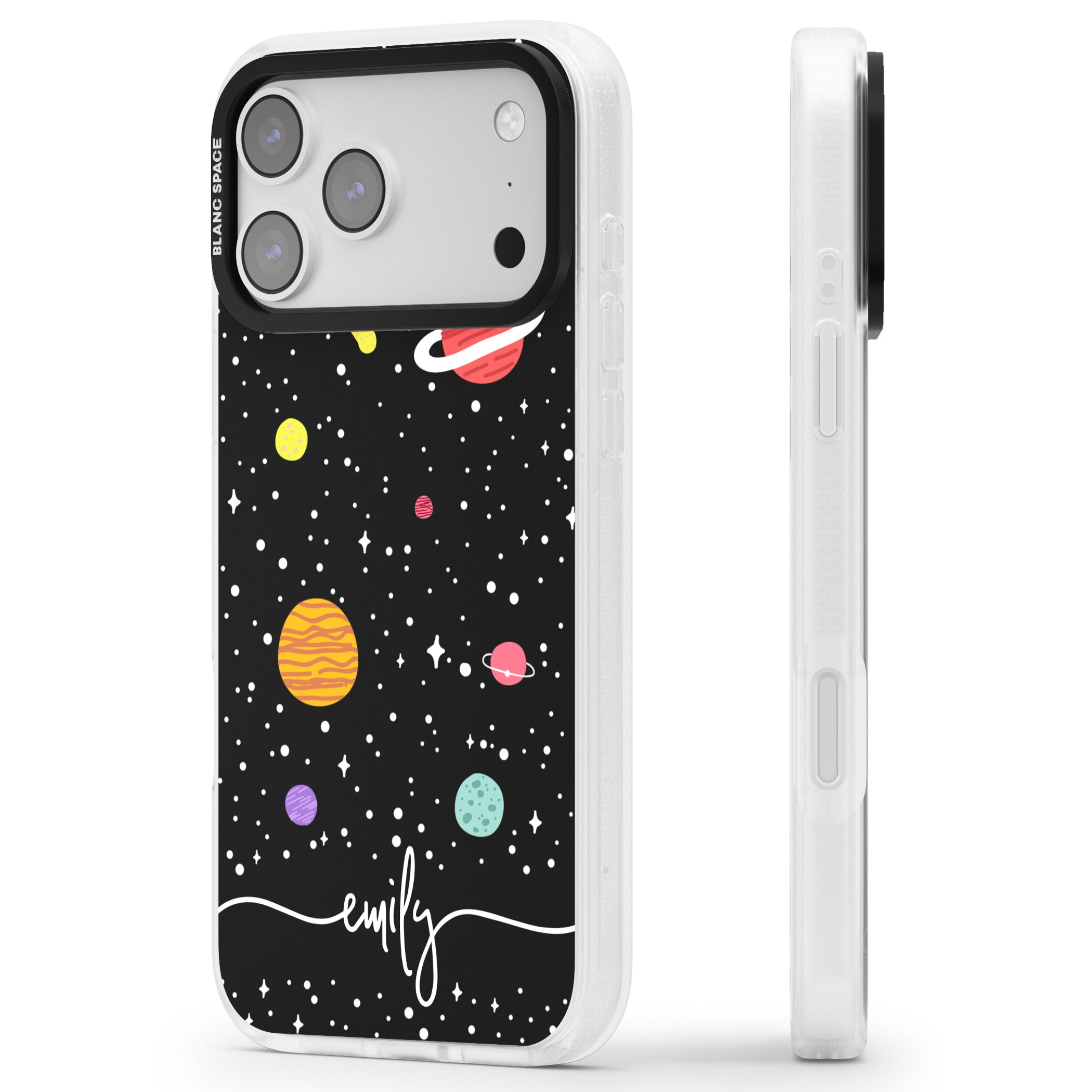 Personalised Cute Cartoon Planet iPhone 17 Pro Max Impact Air Clear Phone Case Side Profile