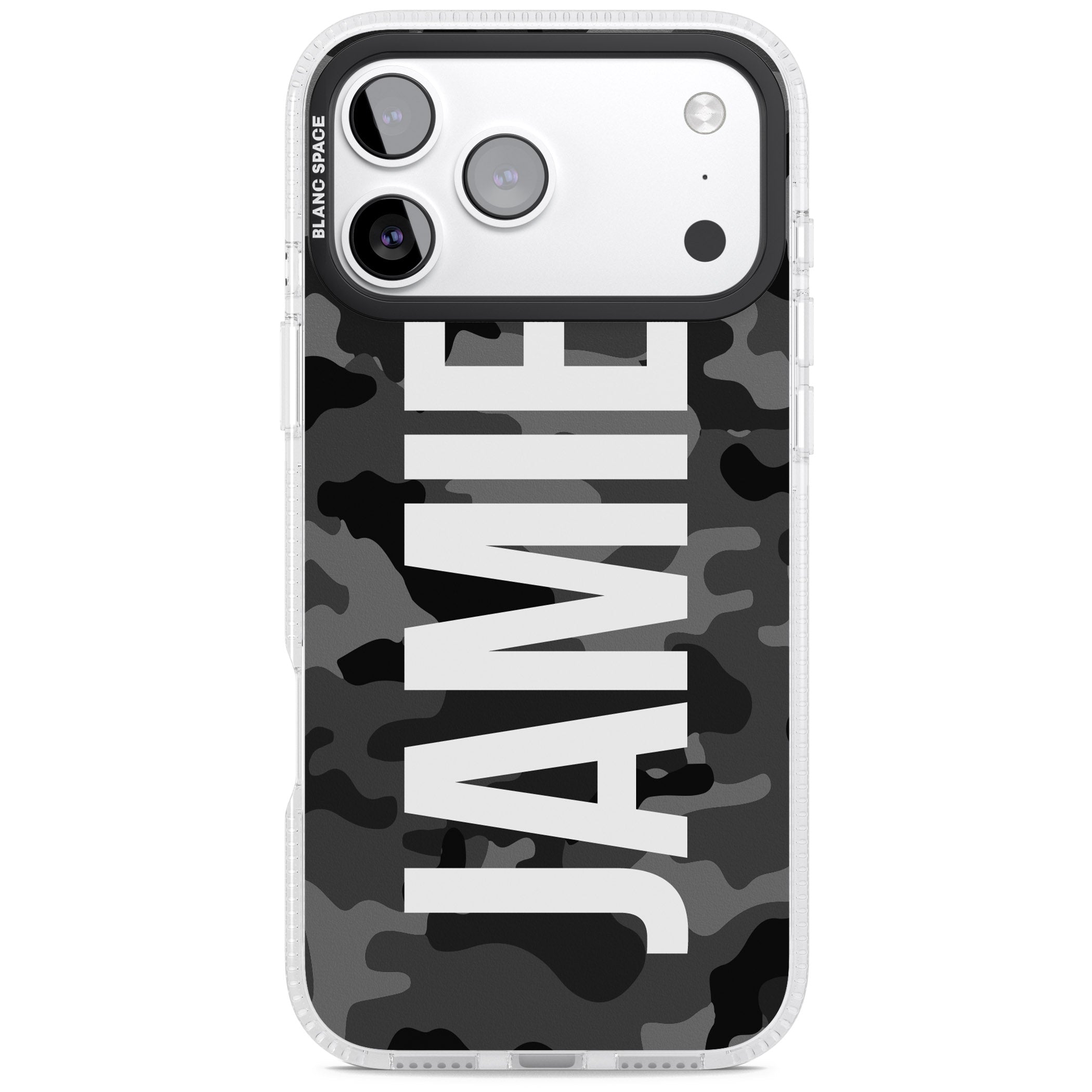 Personalised Black Camo Name Vertical iPhone 17 Pro Impact Air Clear Phone Case