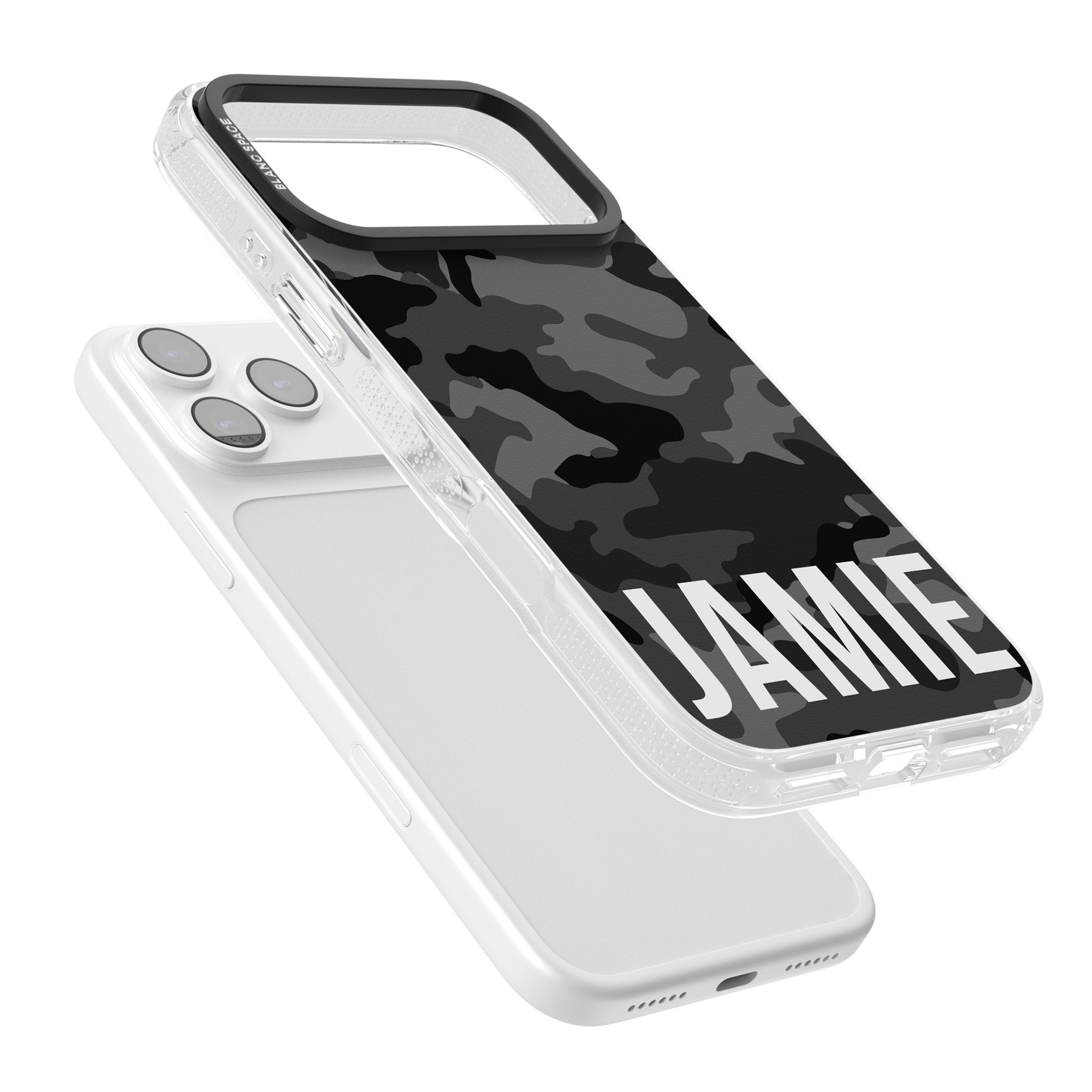 Personalised Black Camo Name Horizontal iPhone 17 Pro Impact Air Clear Phone Case Colours