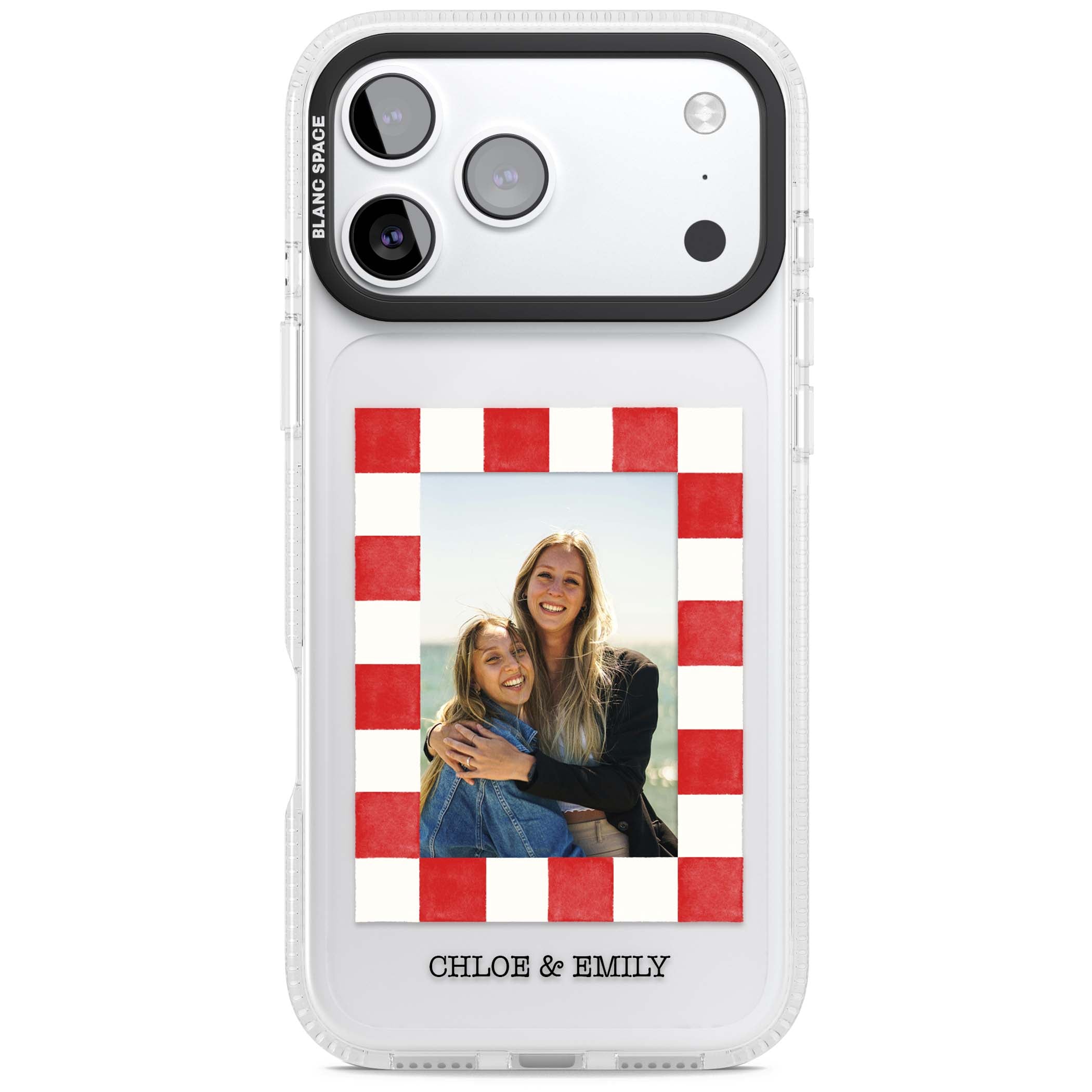 Red Check Photo personalised photo iPhone case with red and white checkered polaroid frame and custom couple name | Clear Case Impact Air case for iPhone 17 Pro, iPhone 17 Pro Max