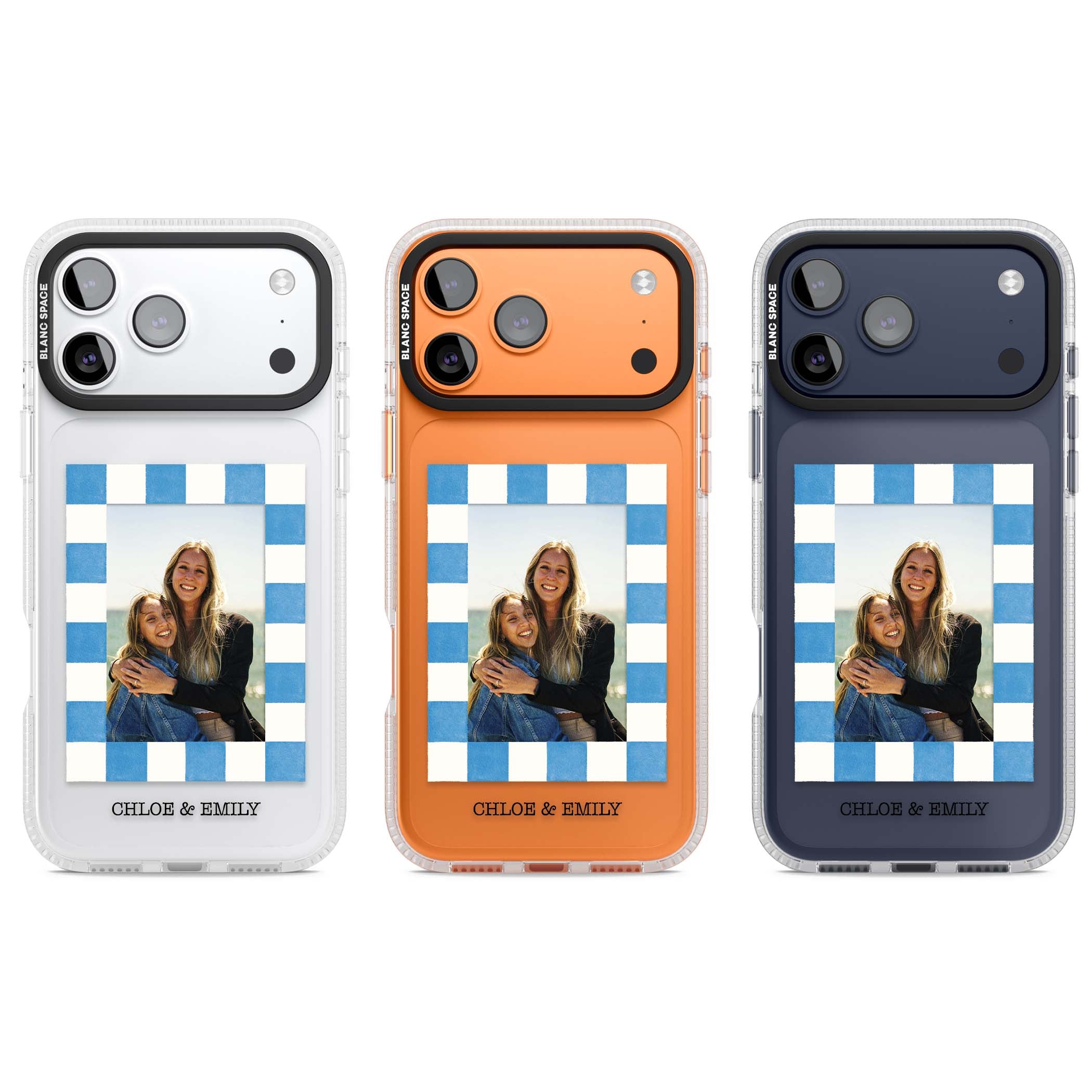 Blue Check Photo personalised photo iPhone case with blue checkered frame and custom couple names | Clear Case Impact Air case for iPhone 17 Pro, iPhone 17 Pro Max