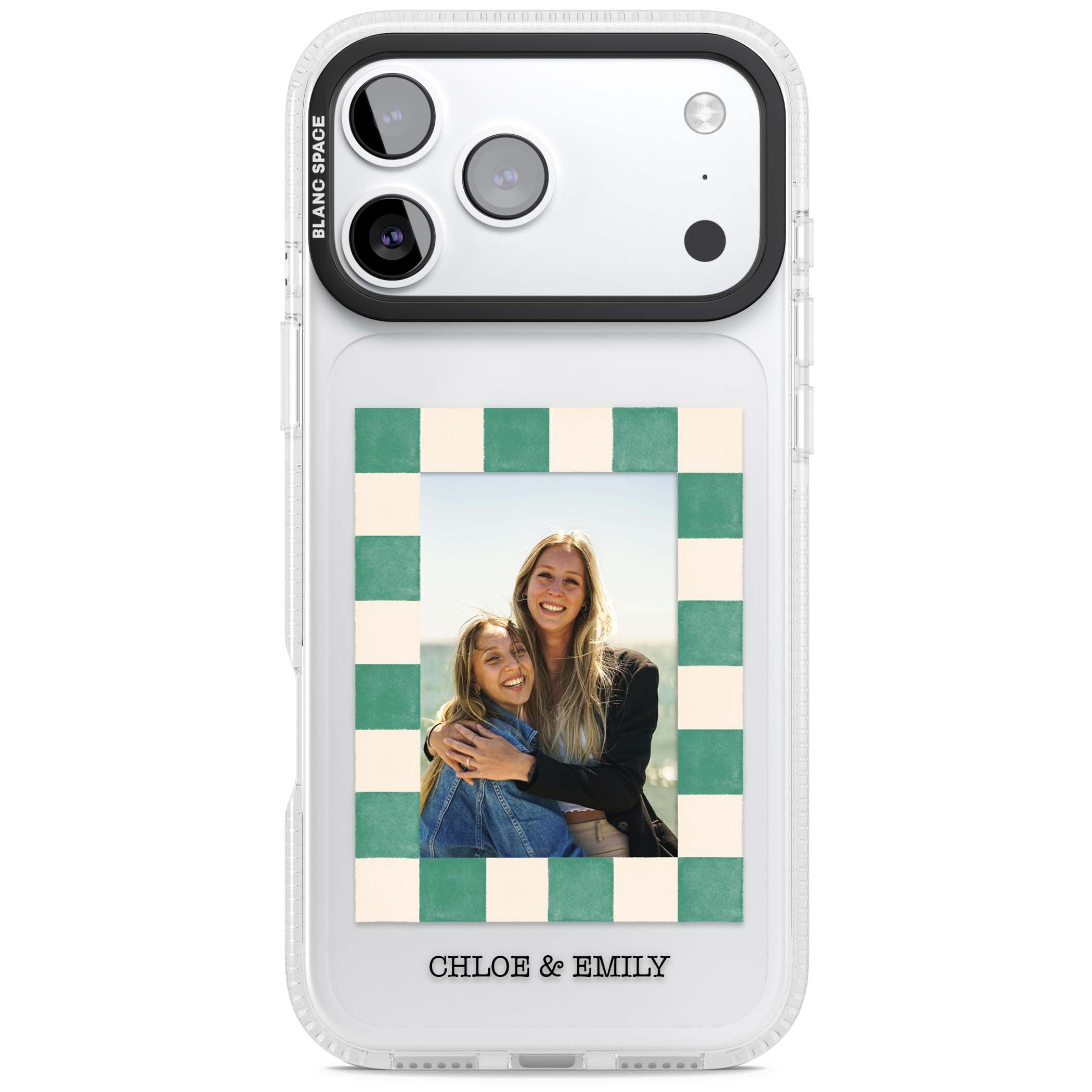 Seafoam Check Photo personalised iPhone case featuring a custom polaroid photo, green and cream checkered frame, and custom n | Clear Case Impact Air case for iPhone 17 Pro, iPhone 17 Pro Max