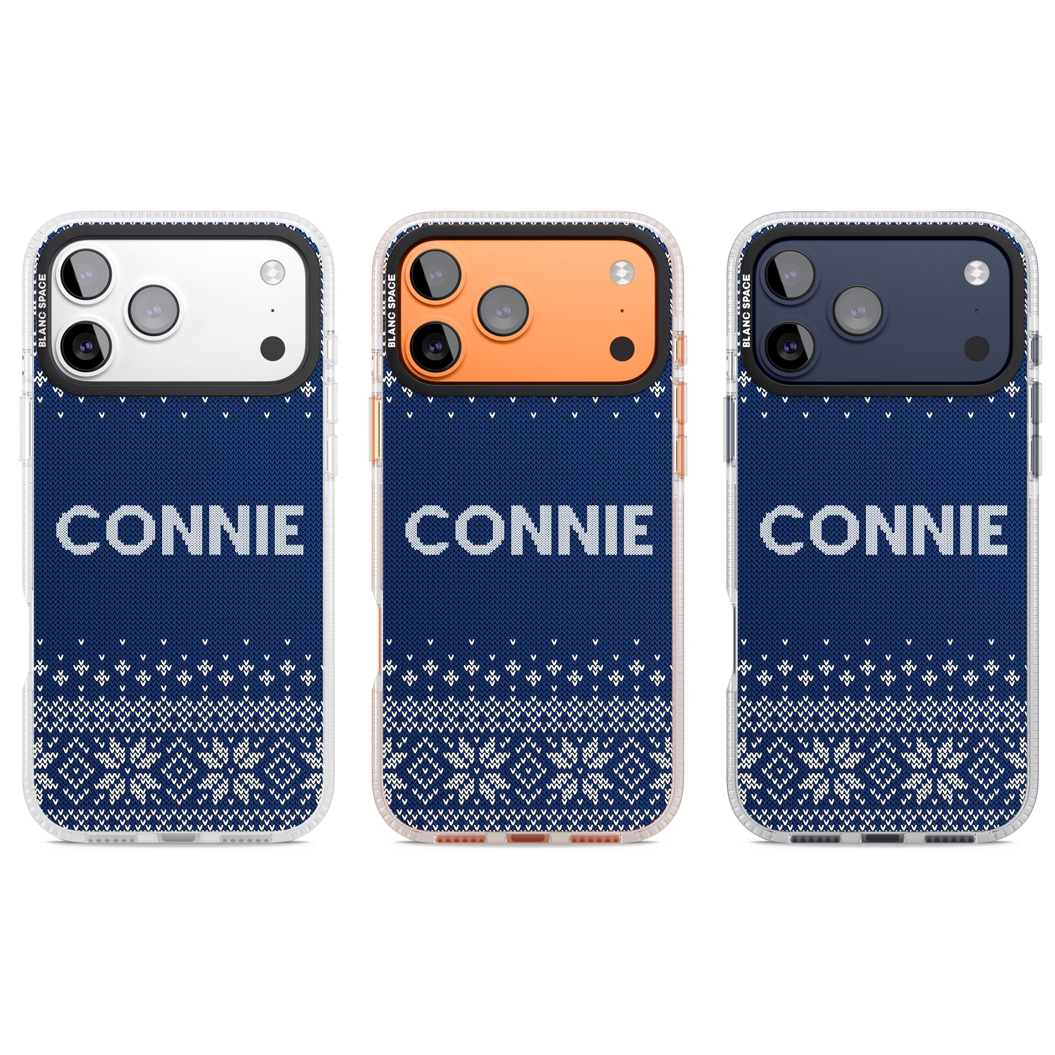 Personalised Blue Knitted Christmas iPhone 17 Pro Impact Air Clear Phone Case APT Impact Protection