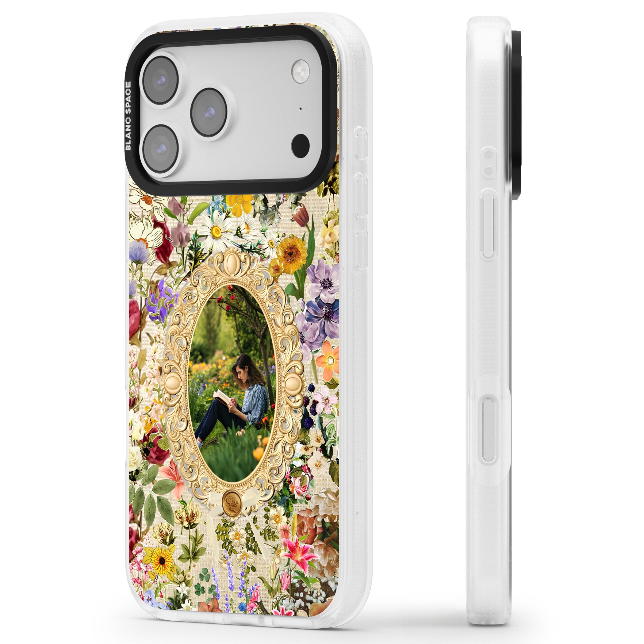 Personalised Vintage Wildflower Frame iPhone 17 Pro Impact Air Clear Phone Case Side Profile