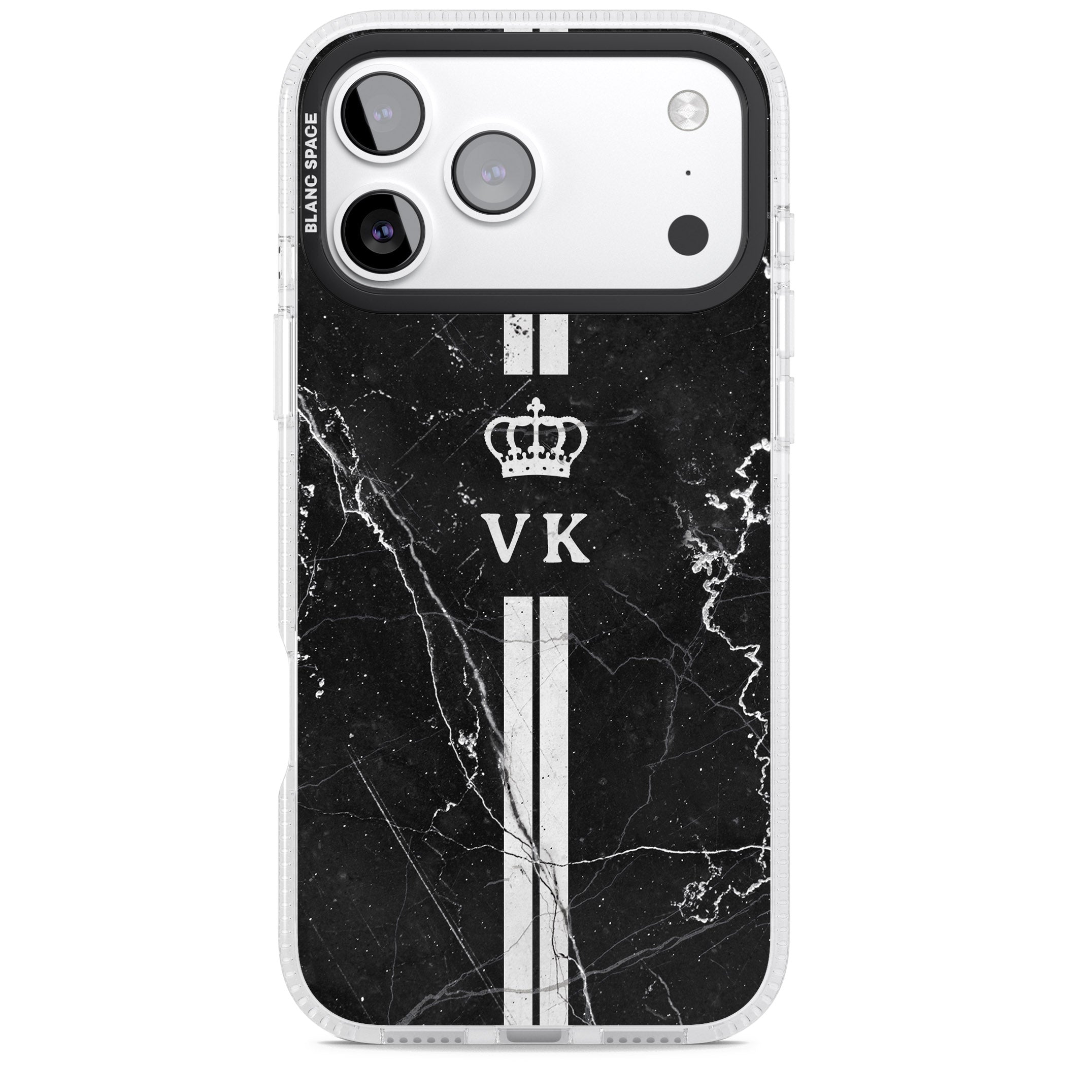 Personalised Black Marble Stripe Initials iPhone 17 Pro Impact Air Clear Phone Case