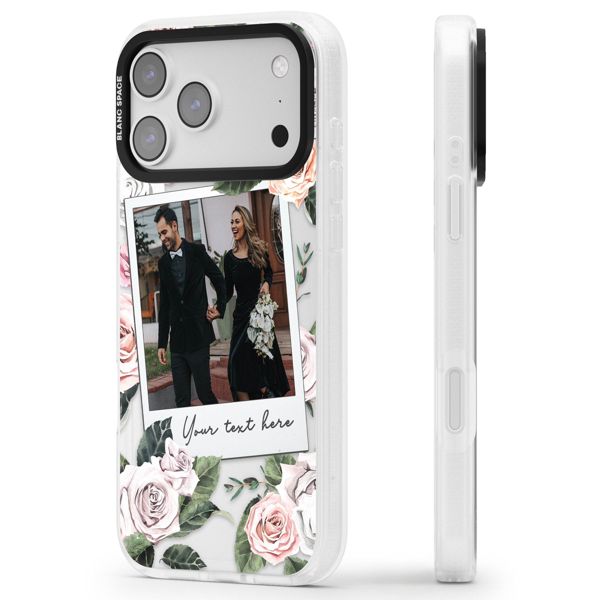 Personalised Floral Instant Camera Photo iPhone 17 Pro Max Impact Air Clear Phone Case Side Profile