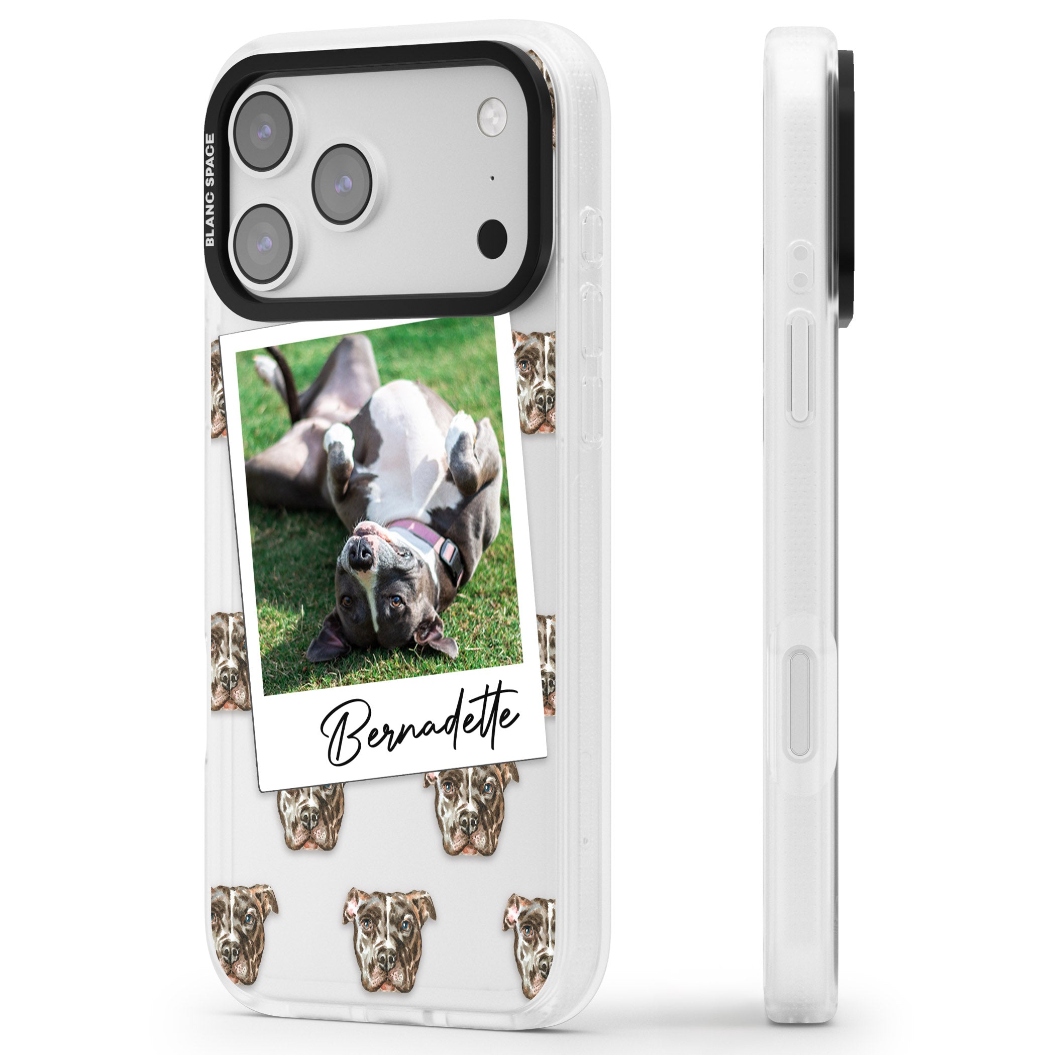 Personalised Staffordshire Bull Terrier Instant Camera Photo iPhone 17 Pro Impact Air Clear Phone Case Side Profile