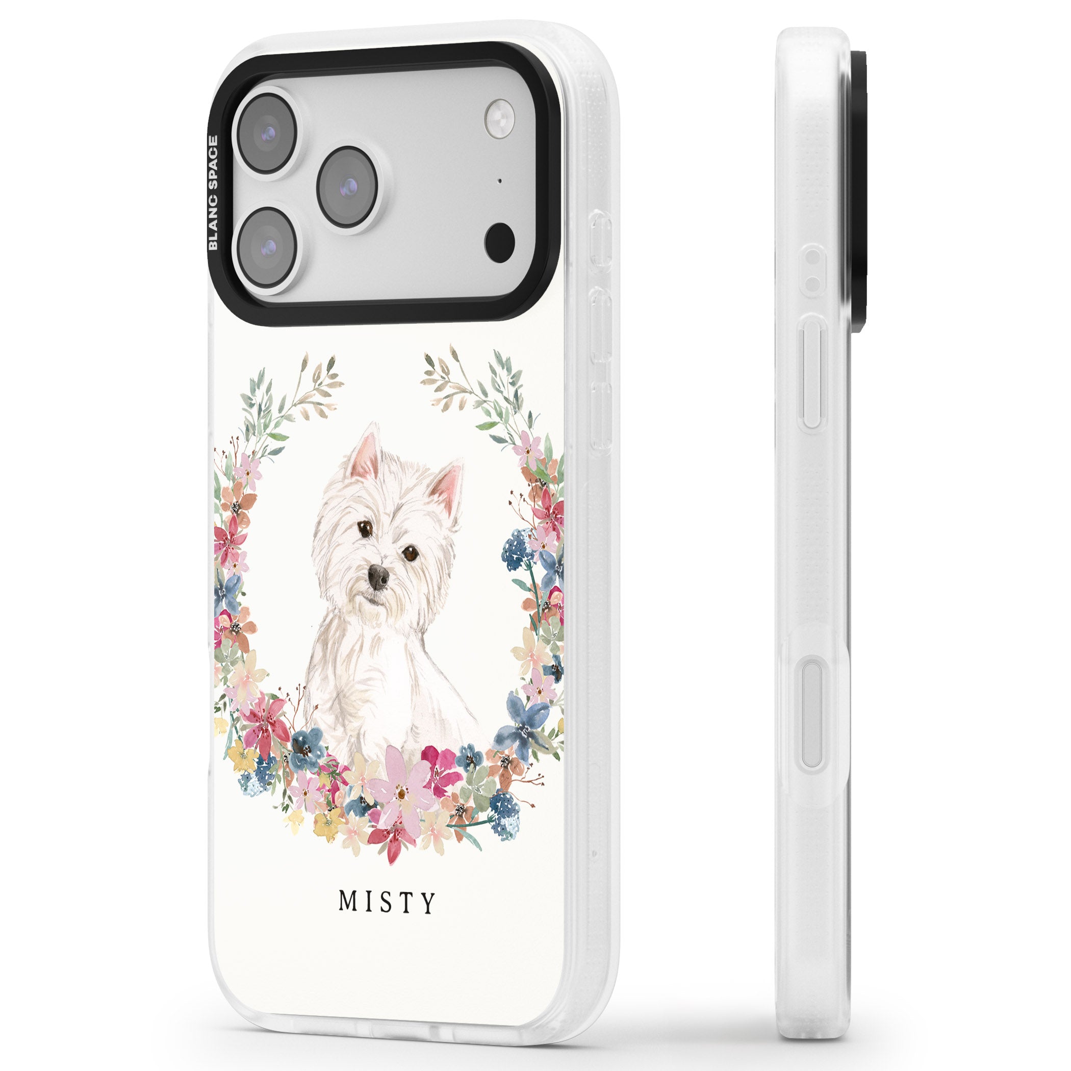 Personalised Westie Floral Portrait iPhone 17 Pro Impact Air Clear Phone Case Side Profile