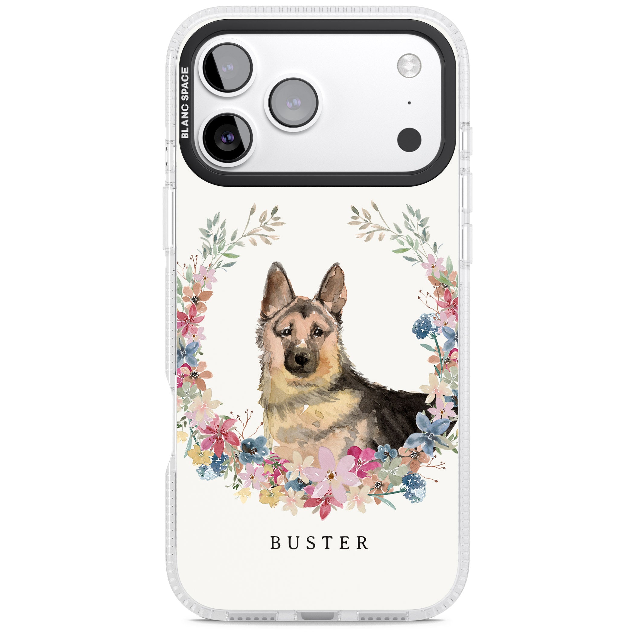 Personalised German Shepherd Floral Portrait iPhone 17 Pro Impact Air Clear Phone Case