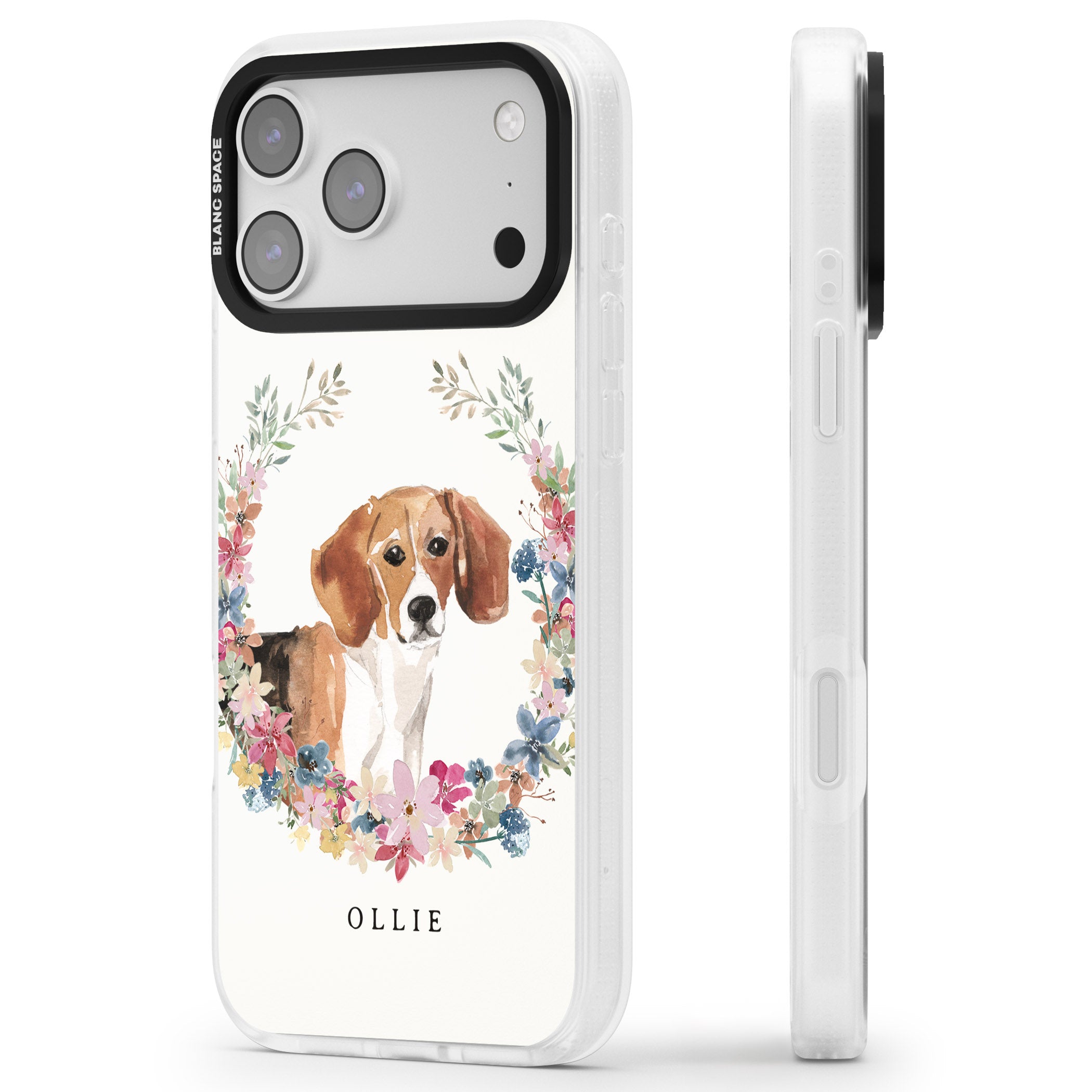 Personalised Beagle Floral Portrait iPhone 17 Pro Max Impact Air Clear Phone Case Side Profile