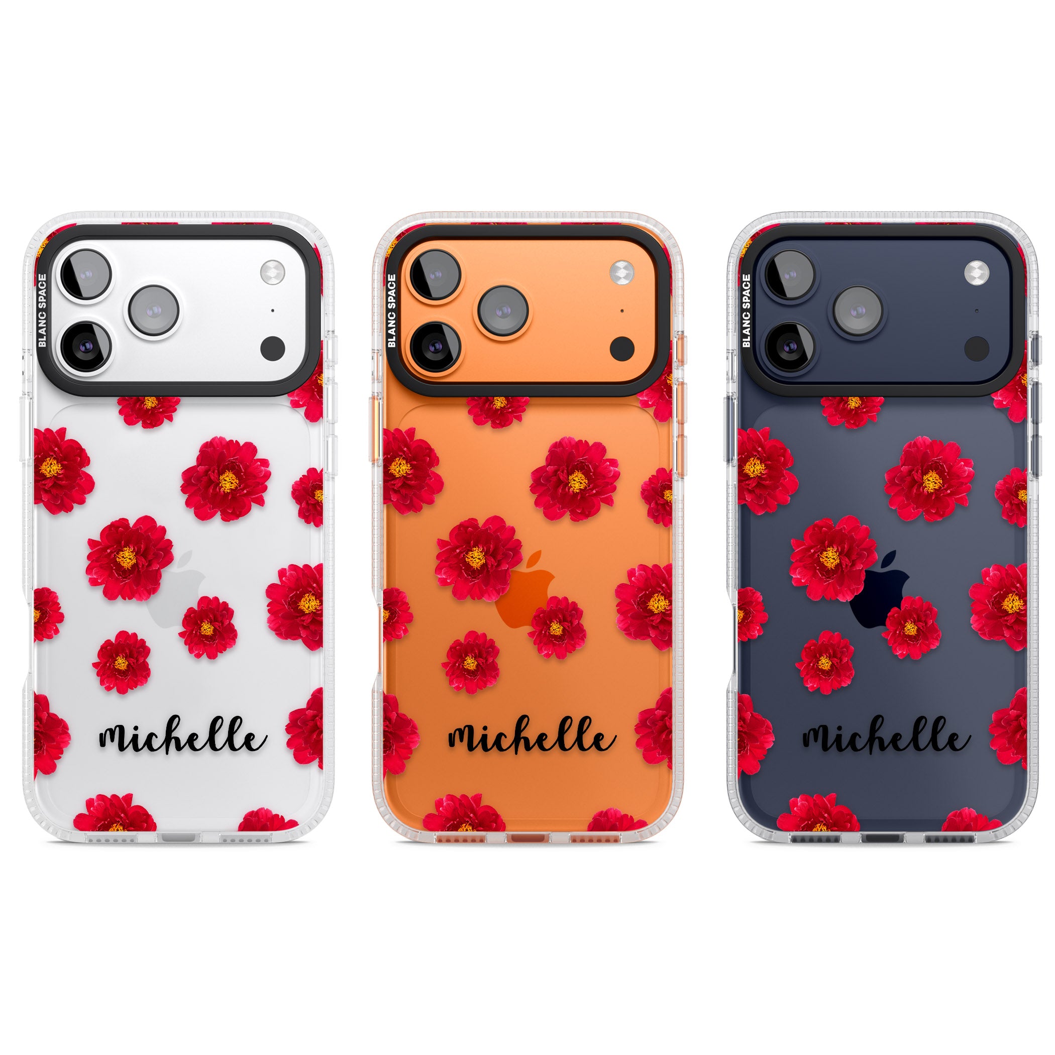 Personalised Red Peonies & Cursive iPhone 17 Pro Impact Air Clear Phone Case APT Impact Protection