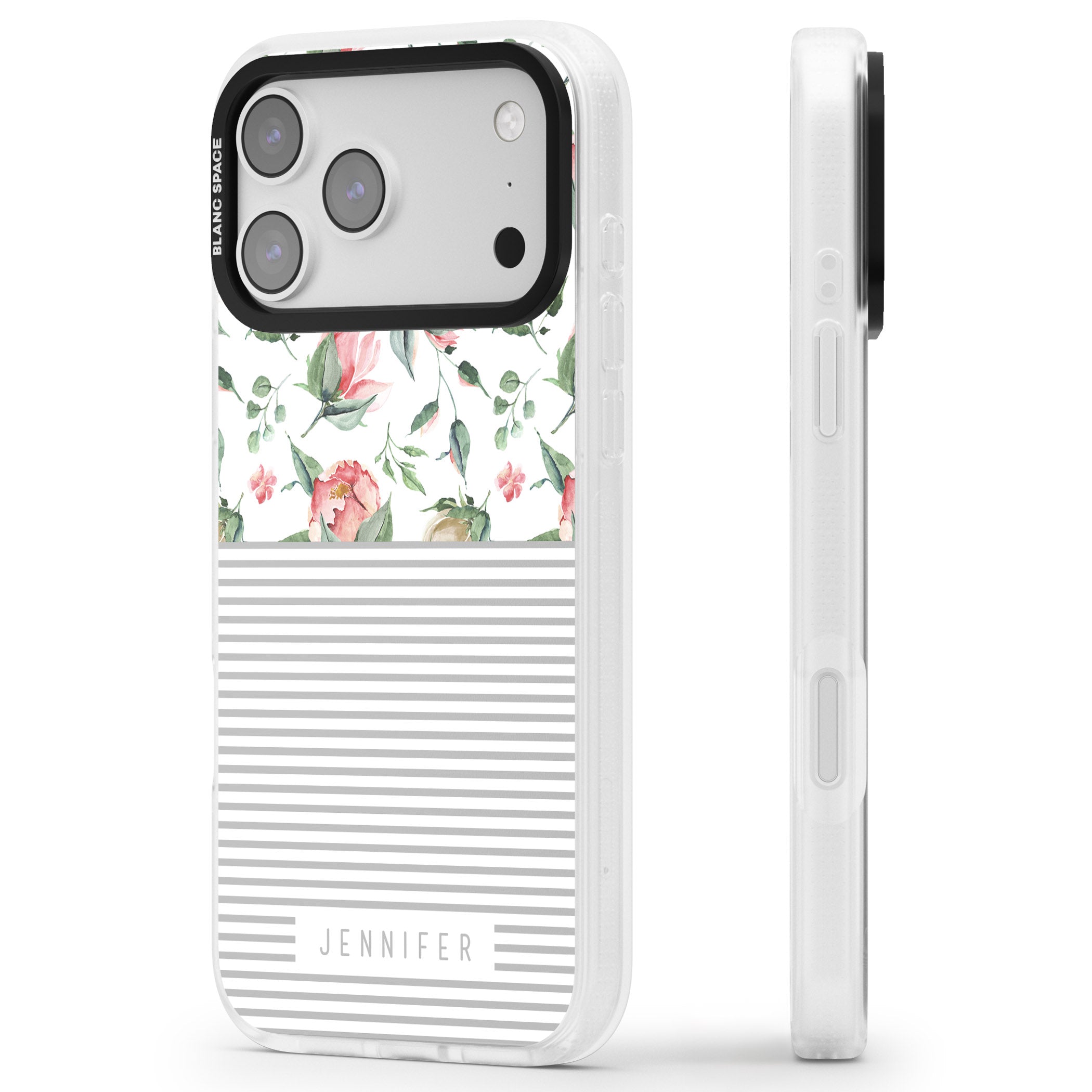 Personalised Light Floral Pattern & Stripes iPhone 17 Pro Impact Air Clear Phone Case Side Profile