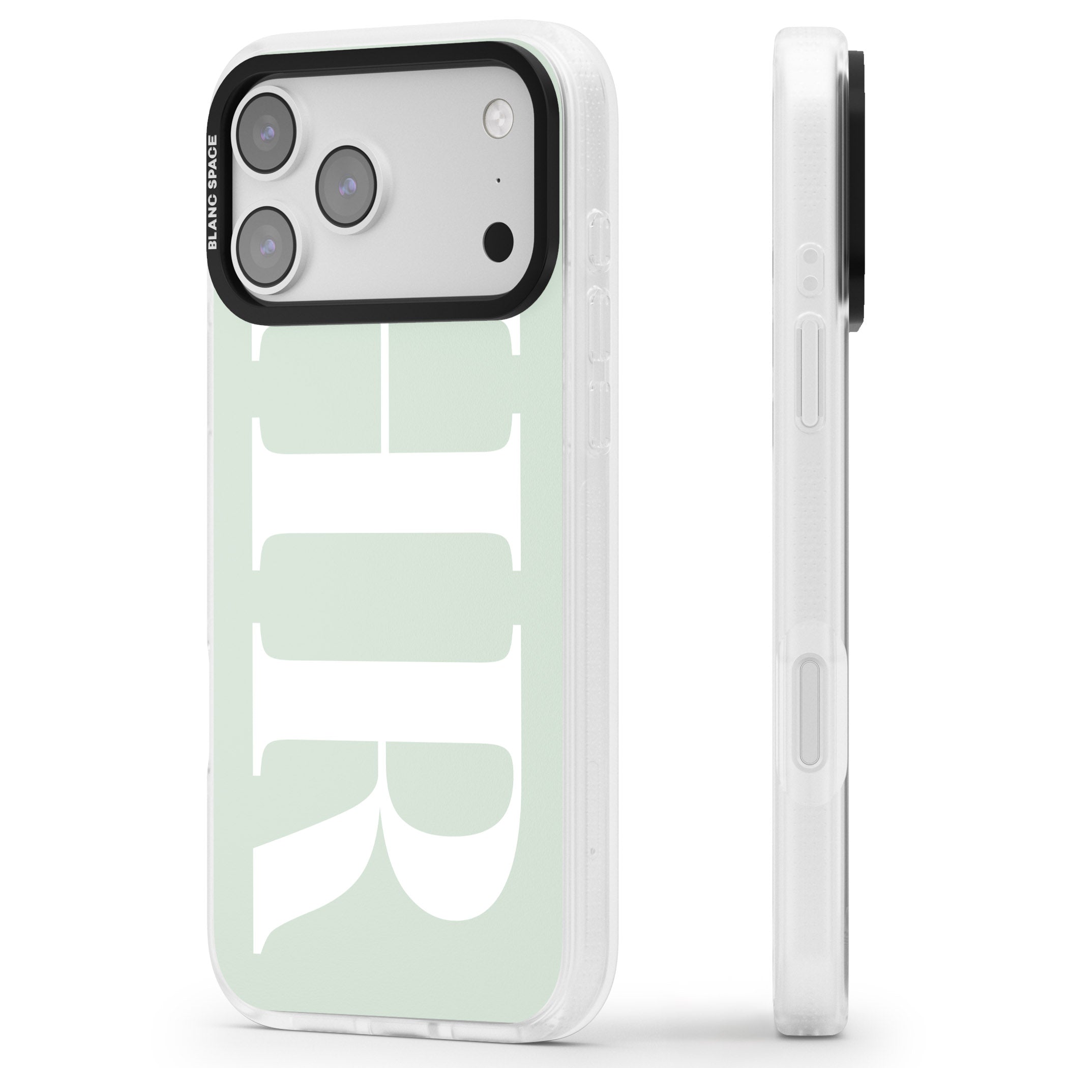 Personalised White & Seafoam Green Letters iPhone 17 Pro Impact Air Clear Phone Case Side Profile