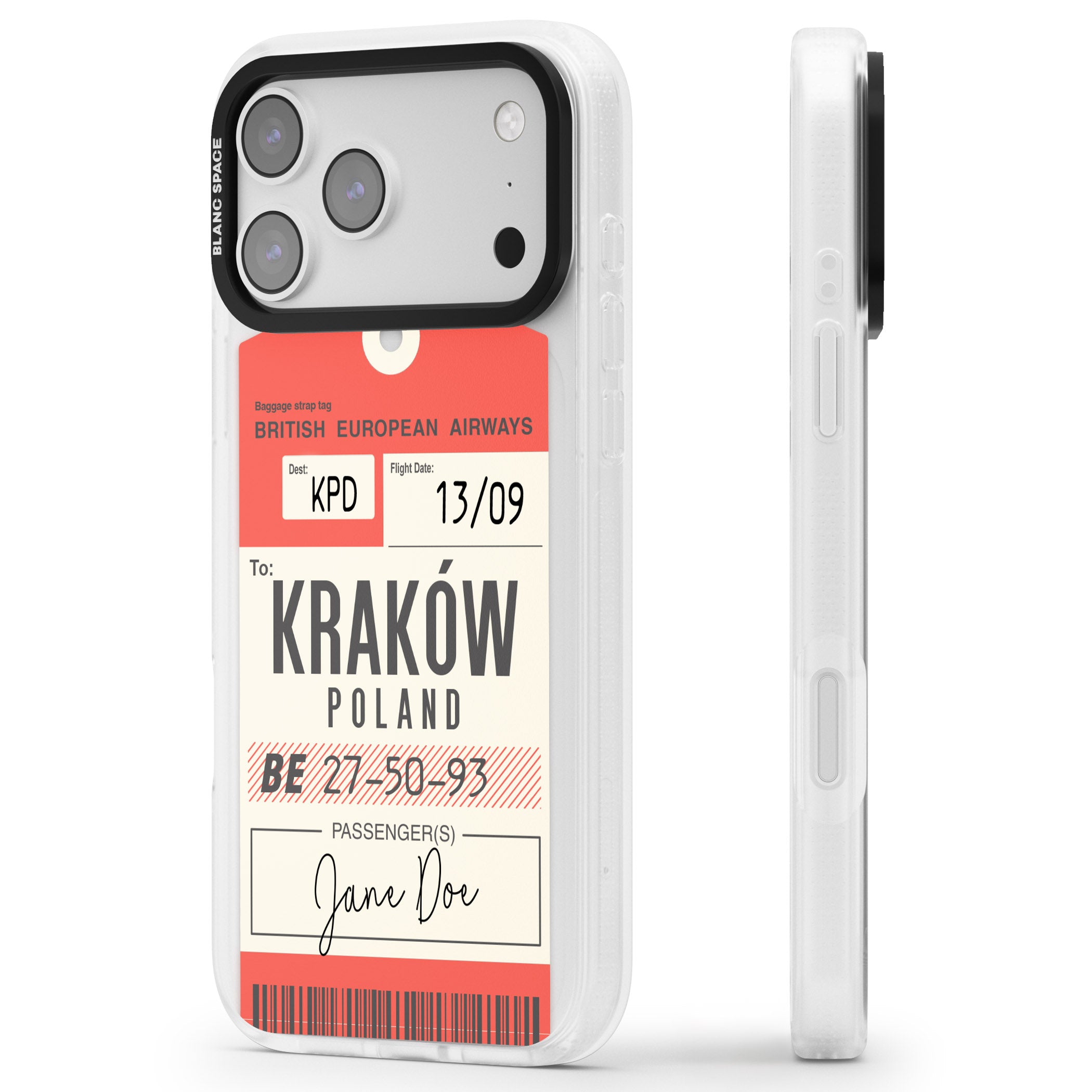 Personalised Vintage Bea Luggage Tag iPhone 17 Pro Impact Air Clear Phone Case Side Profile