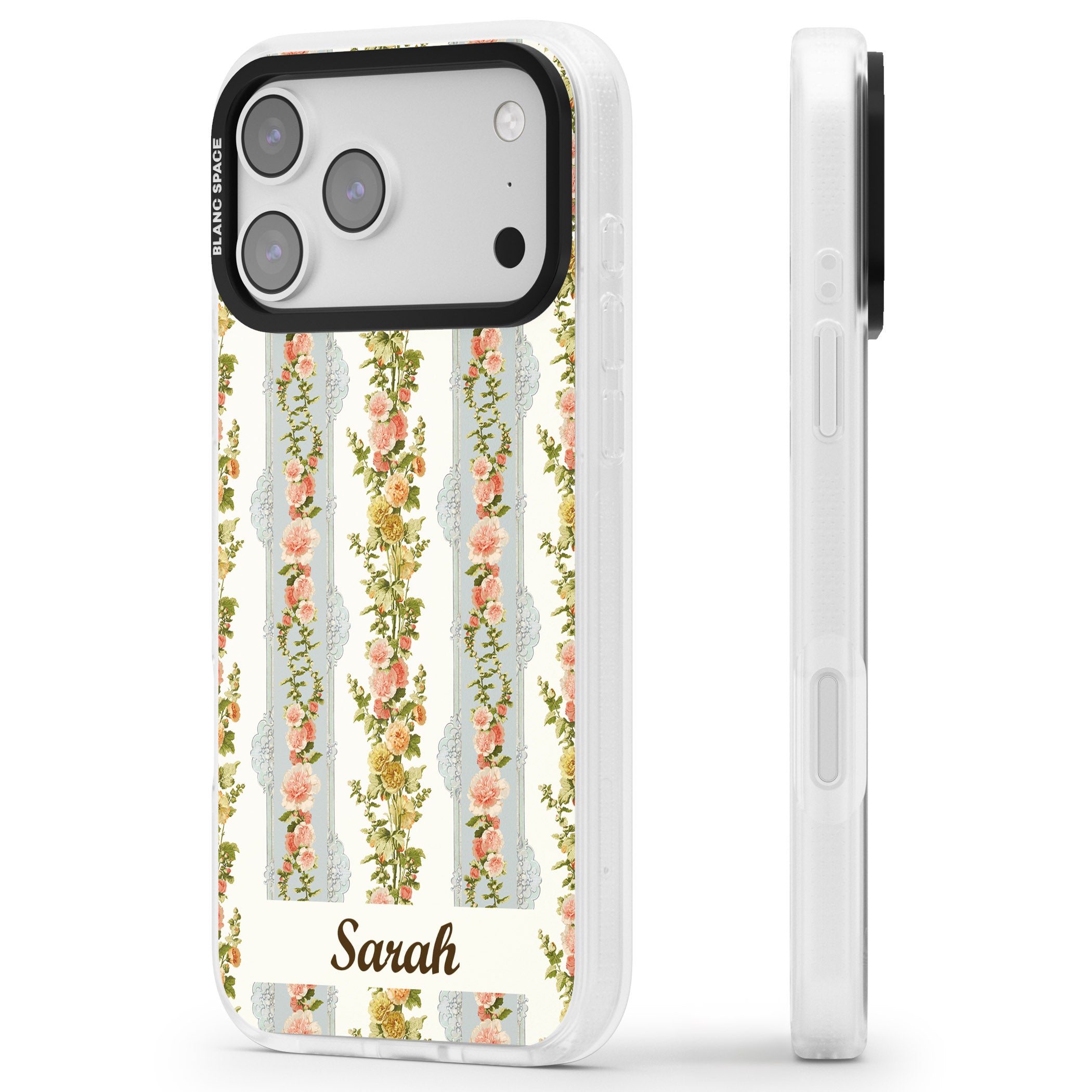Personalised Vintage Floral Stripes iPhone 17 Pro Impact Air Clear Phone Case Side Profile