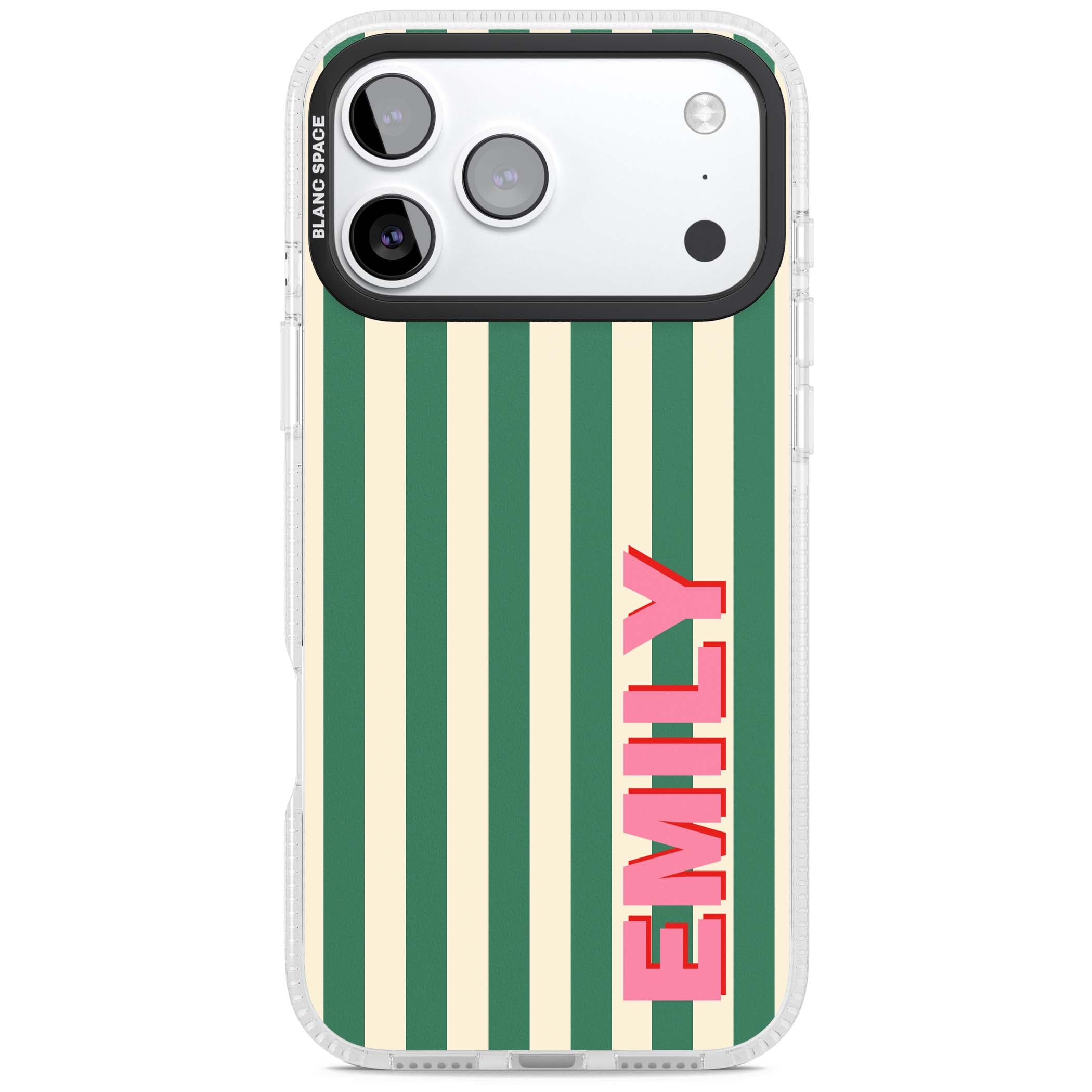 Wimbledon Stripe preppy iPhone case featuring green and cream vertical stripes with a personalised pink name | Clear Case Impact Air case for iPhone 17 Pro, iPhone 17 Pro Max