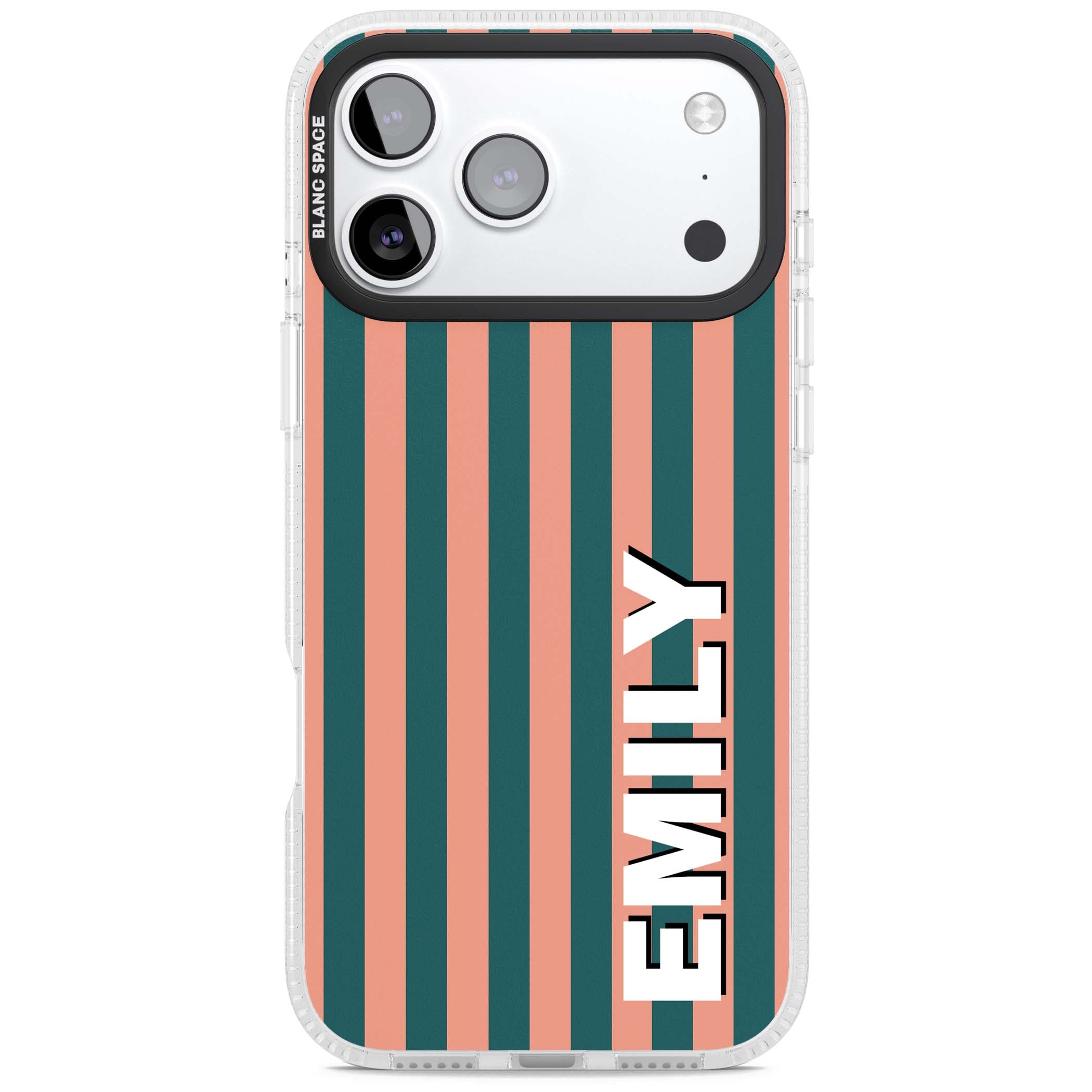 Tuscan Stripe personalised iPhone case featuring coral and green vertical stripes with bold custom name | Clear Case Impact Air case for iPhone 17 Pro, iPhone 17 Pro Max
