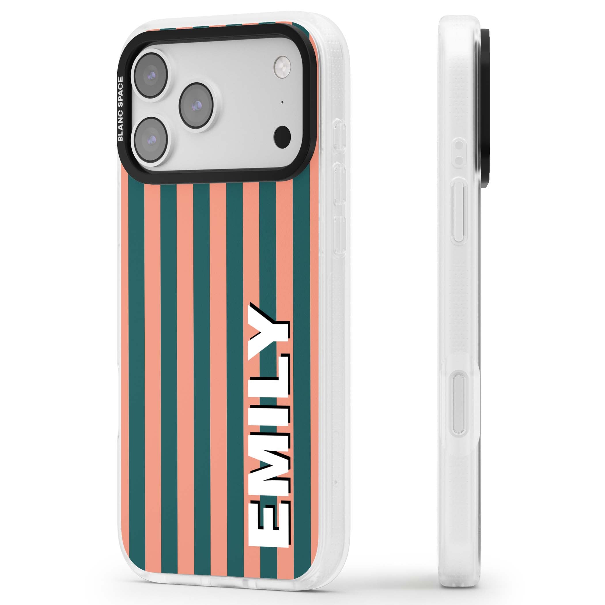 Tuscan Stripe personalised iPhone case featuring coral and green vertical stripes with bold custom name | Clear Case Impact Air case for iPhone 17 Pro, iPhone 17 Pro Max