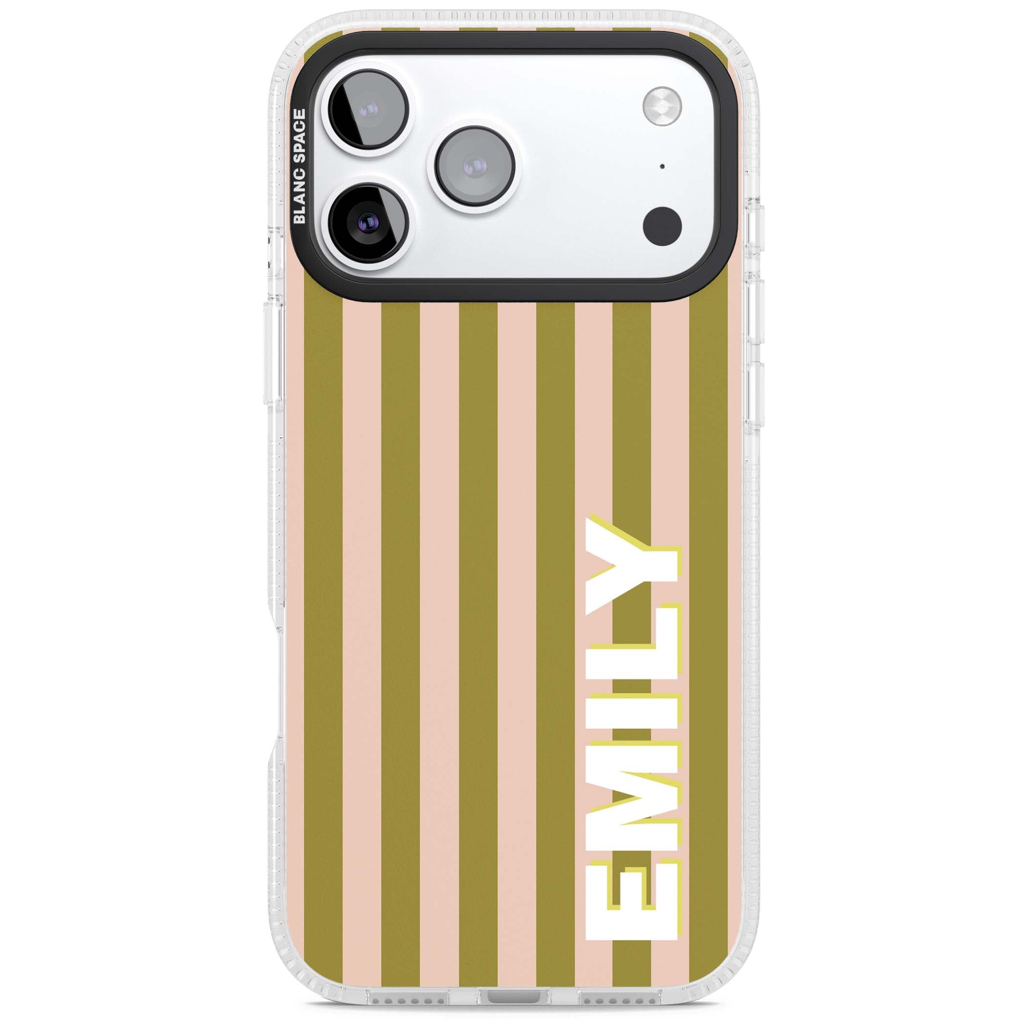 Indian Stripe personalised iPhone case featuring olive green and blush pink vertical stripes with custom name in whit | Clear Case Impact Air case for iPhone 17 Pro, iPhone 17 Pro Max