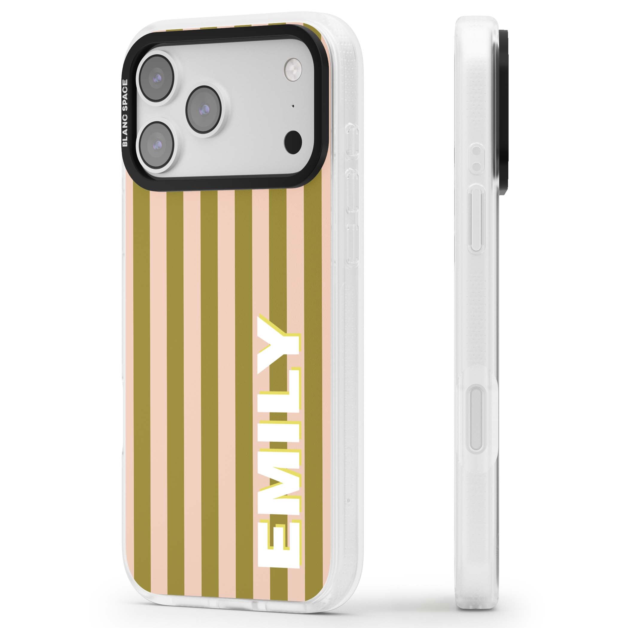 Indian Stripe personalised iPhone case featuring olive green and blush pink vertical stripes with custom name in whit | Clear Case Impact Air case for iPhone 17 Pro, iPhone 17 Pro Max