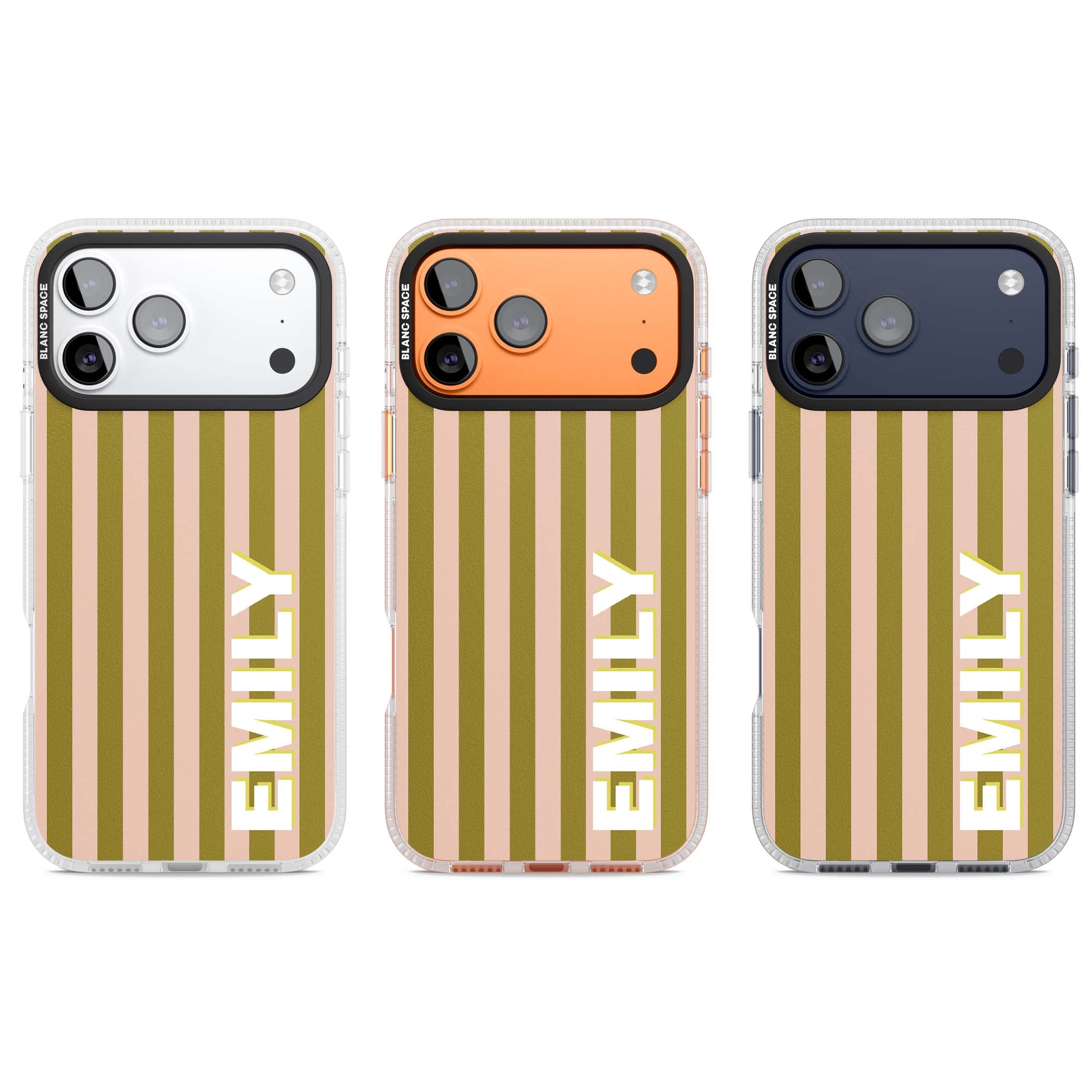 Indian Stripe personalised iPhone case featuring olive green and blush pink vertical stripes with custom name in whit | Clear Case Impact Air case for iPhone 17 Pro, iPhone 17 Pro Max