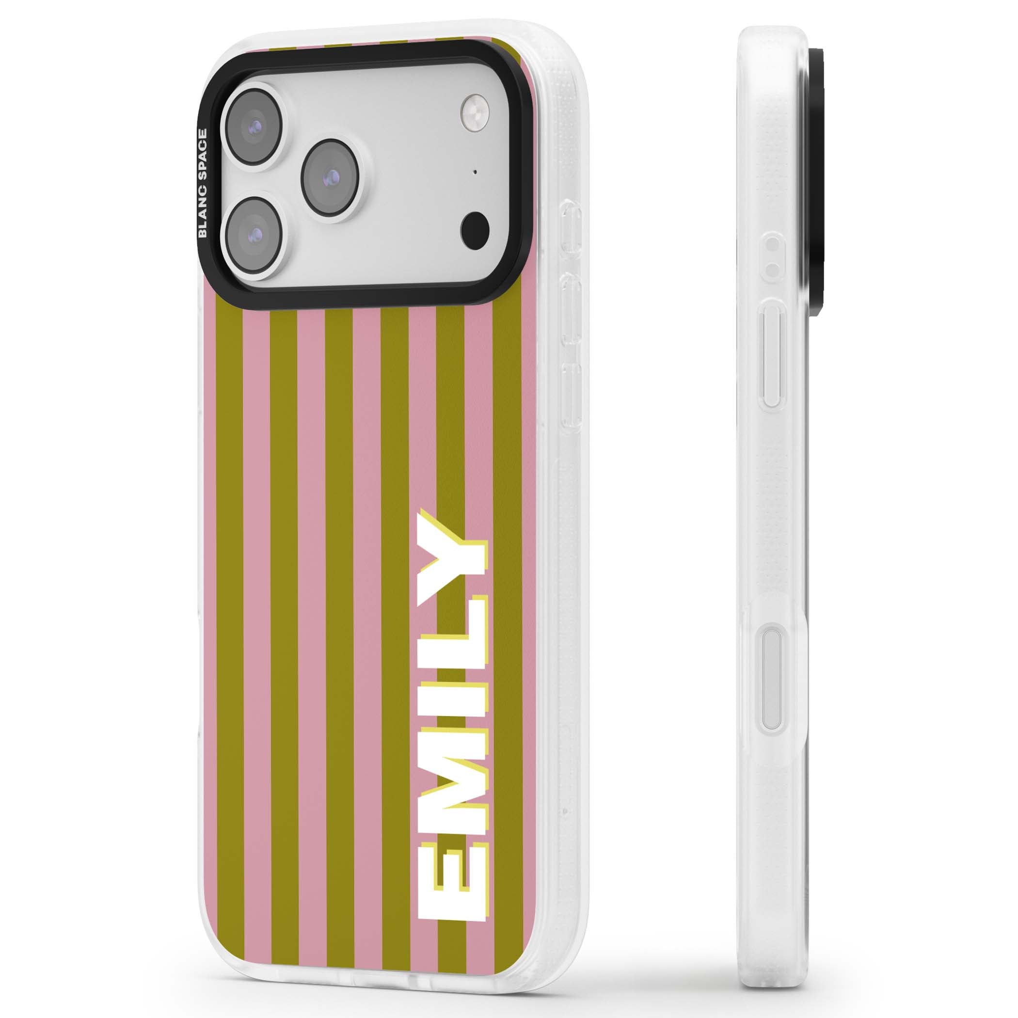 Istanbul Stripe personalised iPhone case featuring pink and olive green vertical stripes with a custom vertical name | Clear Case Impact Air case for iPhone 17 Pro, iPhone 17 Pro Max